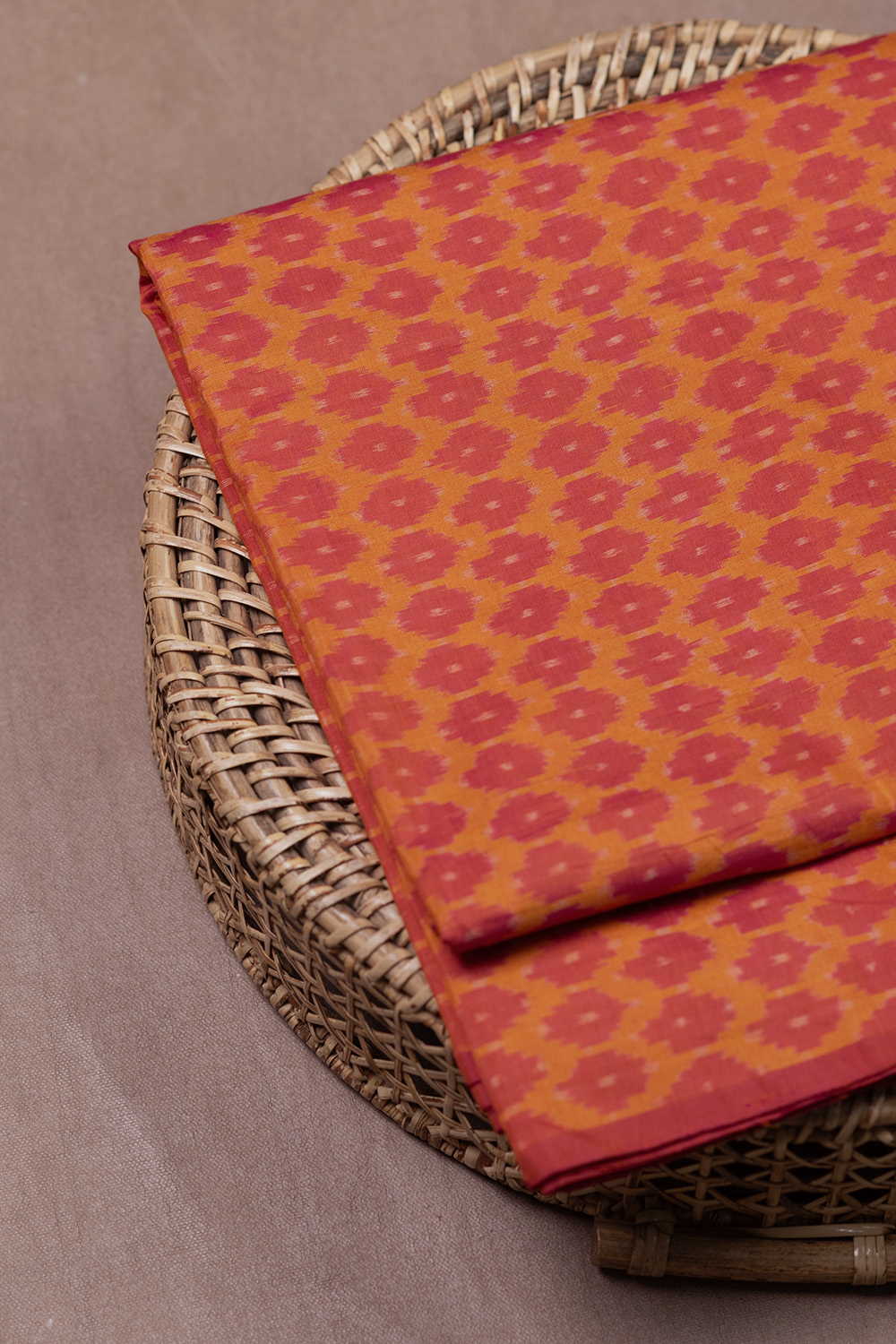 Orange Motifs - Yellow Ikat Silk Cotton Fabric