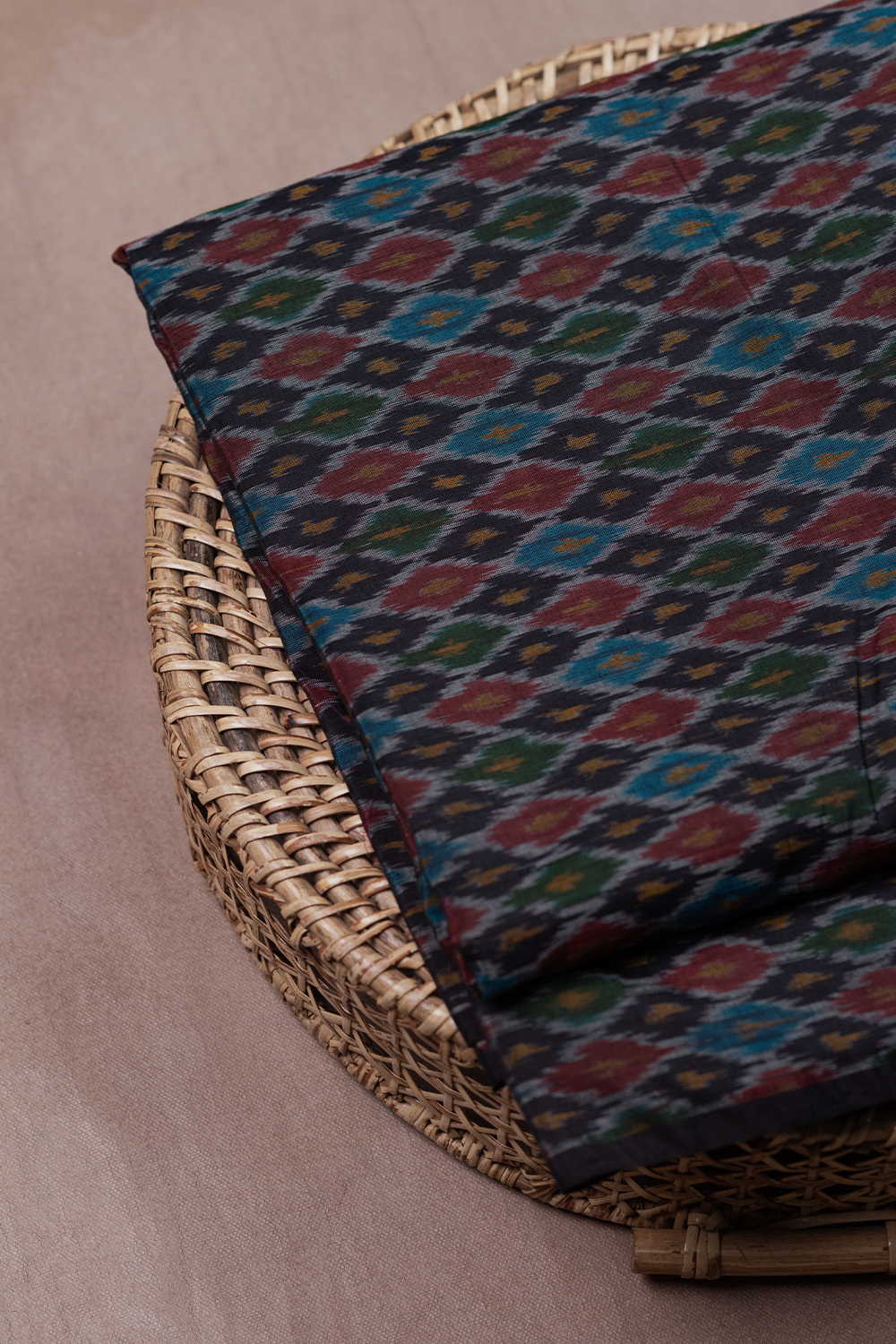 Black with Multi-Color Motifs Ikat Silk Cotton Fabric