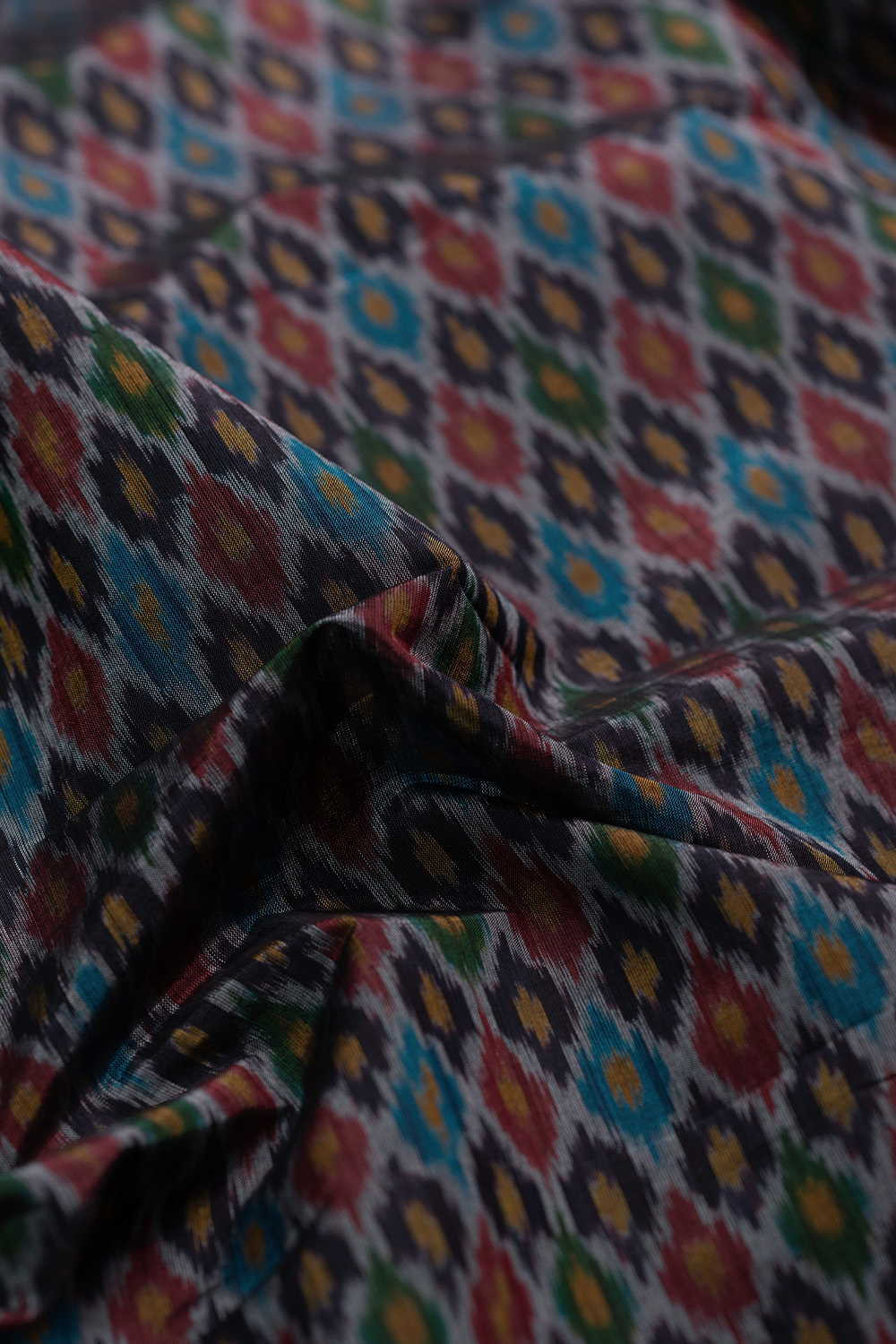 Black with Multi-Color Motifs Ikat Silk Cotton Fabric - Image 2