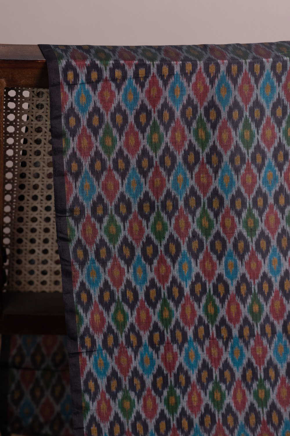 Black with Multi-Color Motifs Ikat Silk Cotton Fabric - Image 3
