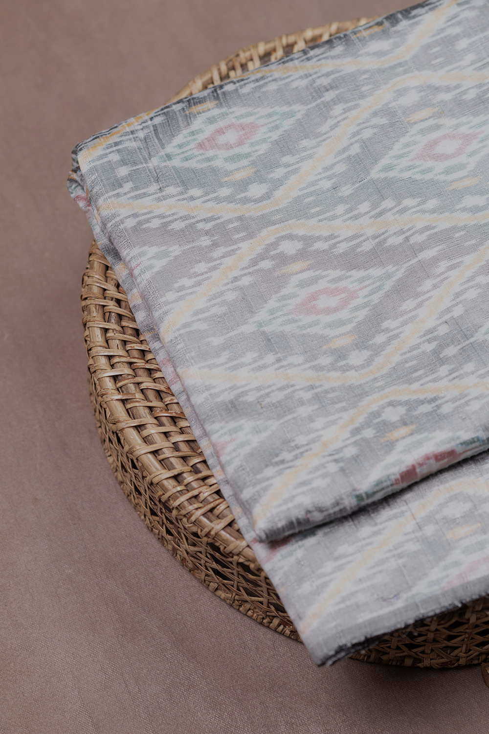 Patterned on Cream Ikat Raw Silk Fabric