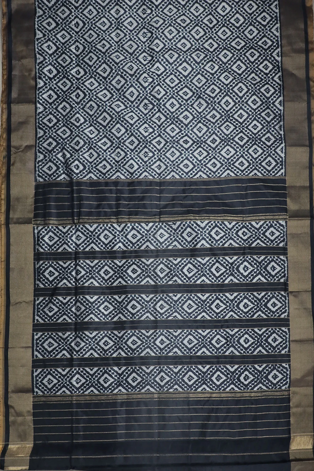 Grey Patterns on Black Ikat Silk saree - Image 2