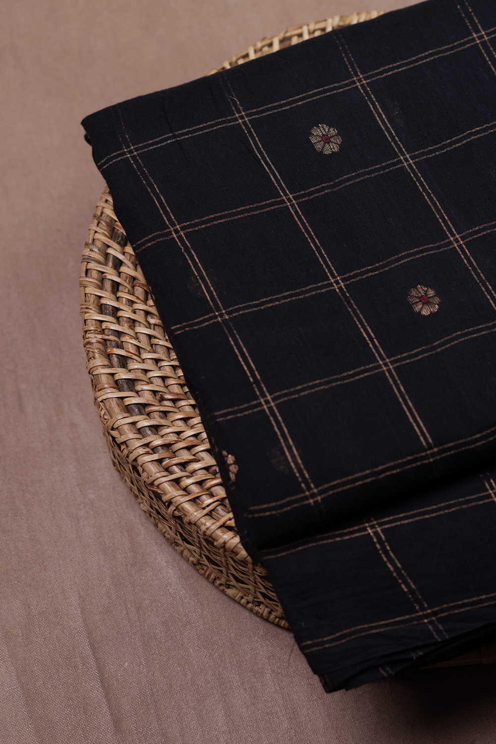Zari Blossom Checks - Black Jamdani Cotton Fabric