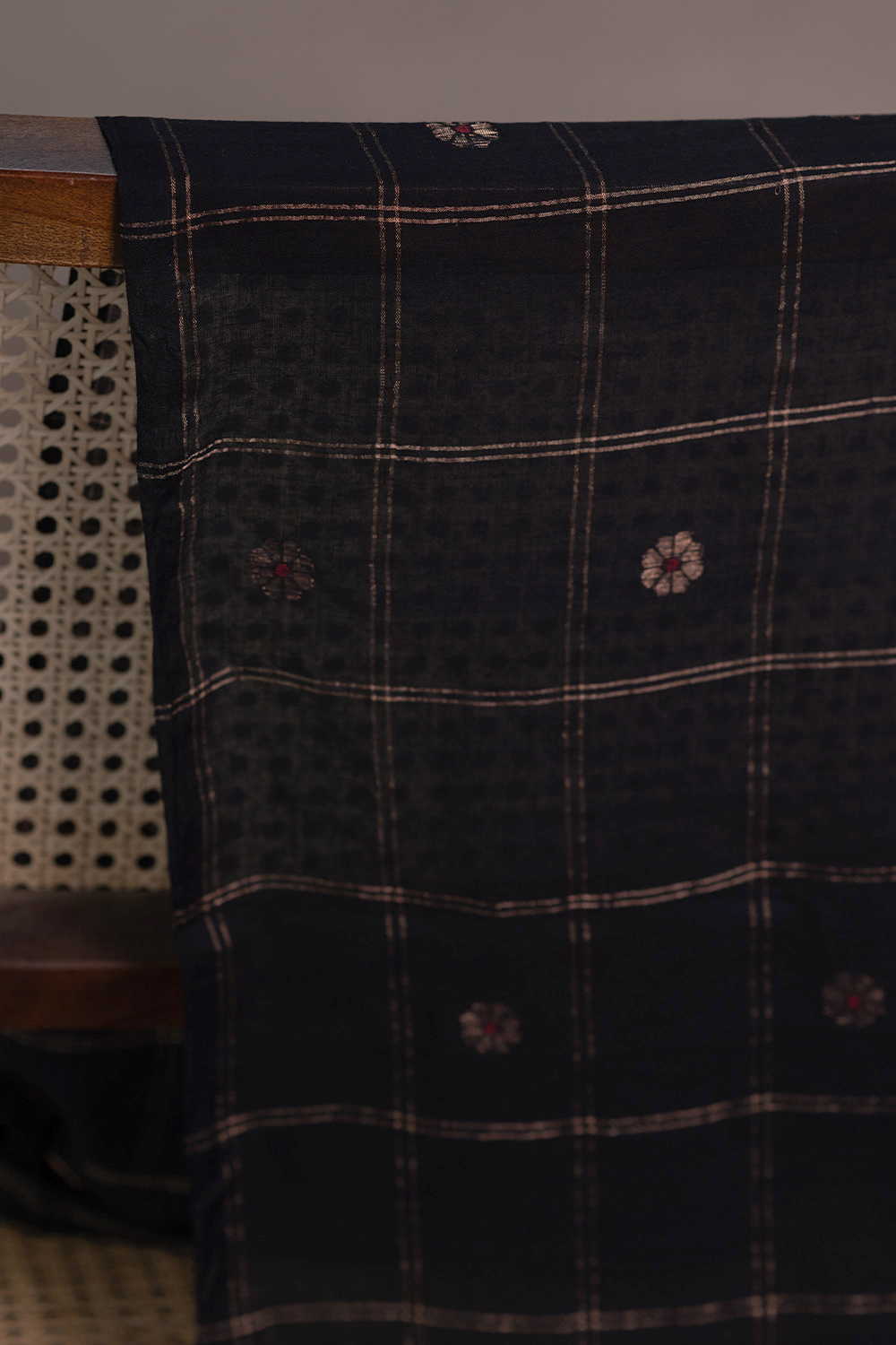Zari Blossom Checks - Black Jamdani Cotton Fabric - Image 2