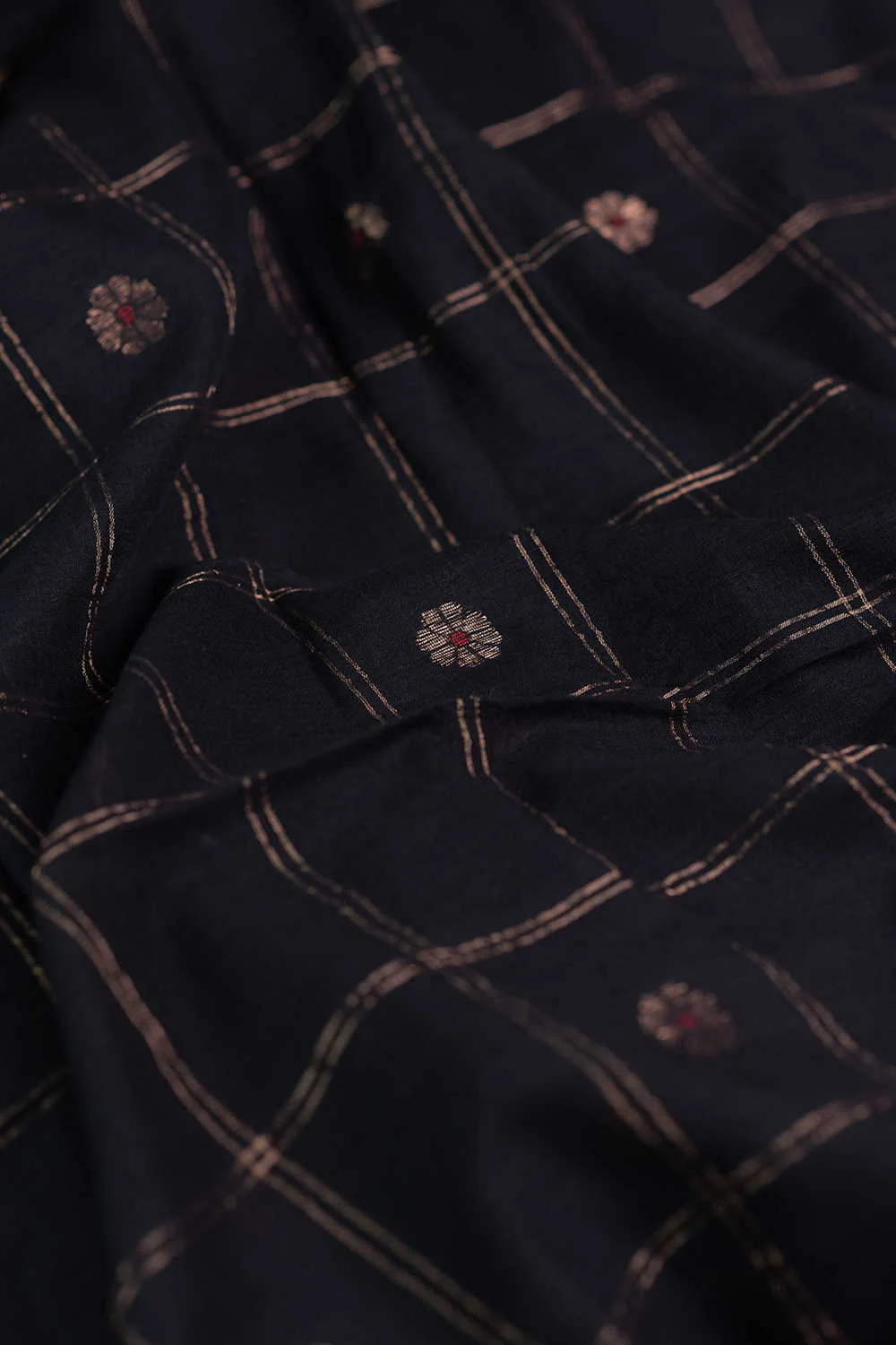 Zari Blossom Checks - Black Jamdani Cotton Fabric - Image 3