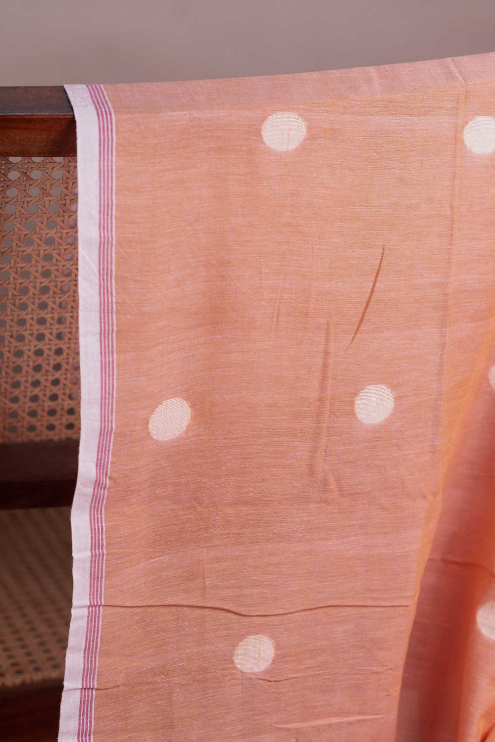 Cream Polka - Orange Jamdani Cotton Fabric - Image 2