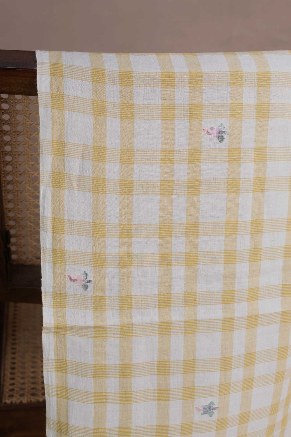 Yellow & Cream Checks Jamdani Cotton Fabric - Image 2