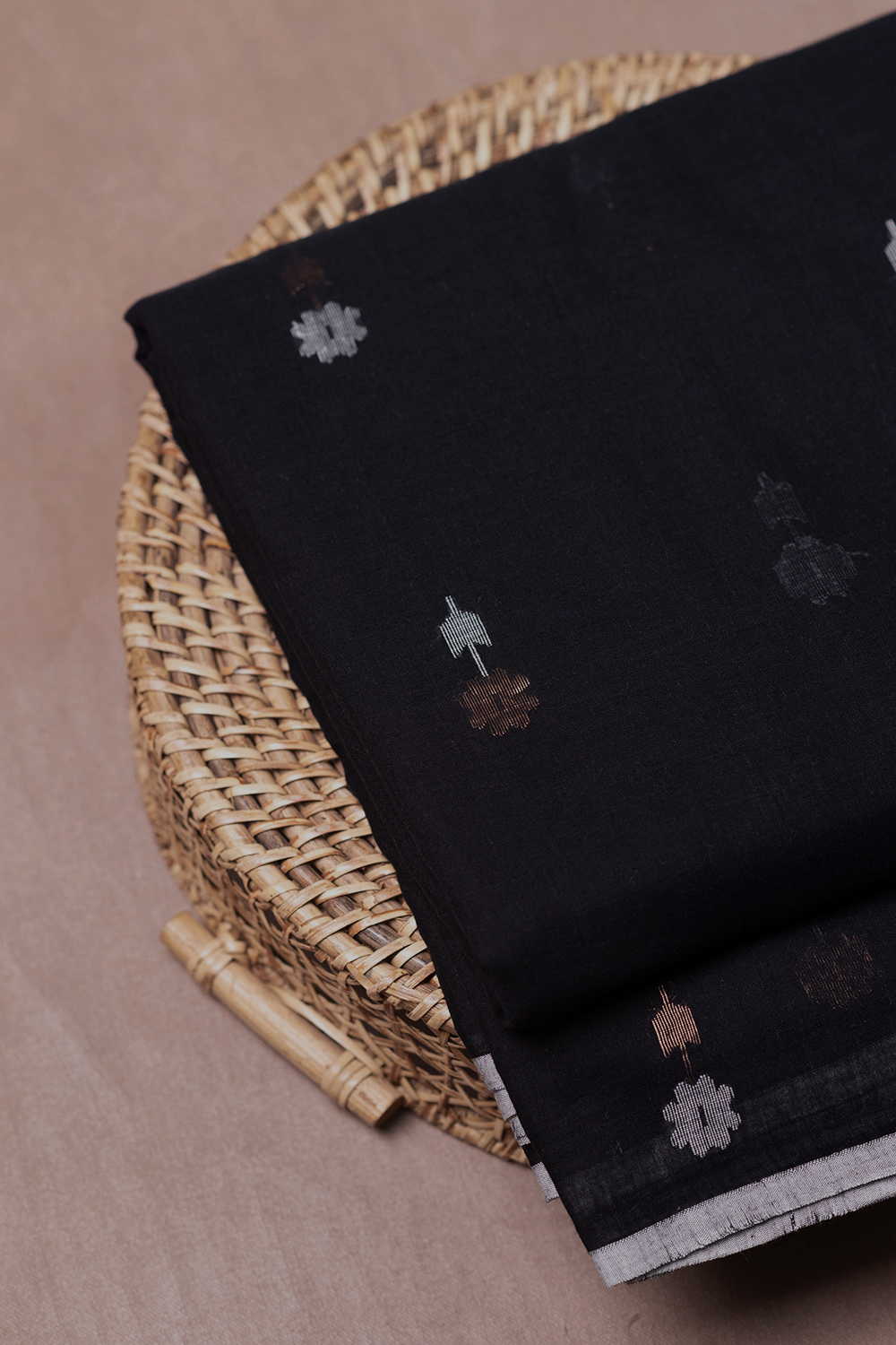 Zari Floral Butta - Black Jamdani Cotton Fabric - Image 3