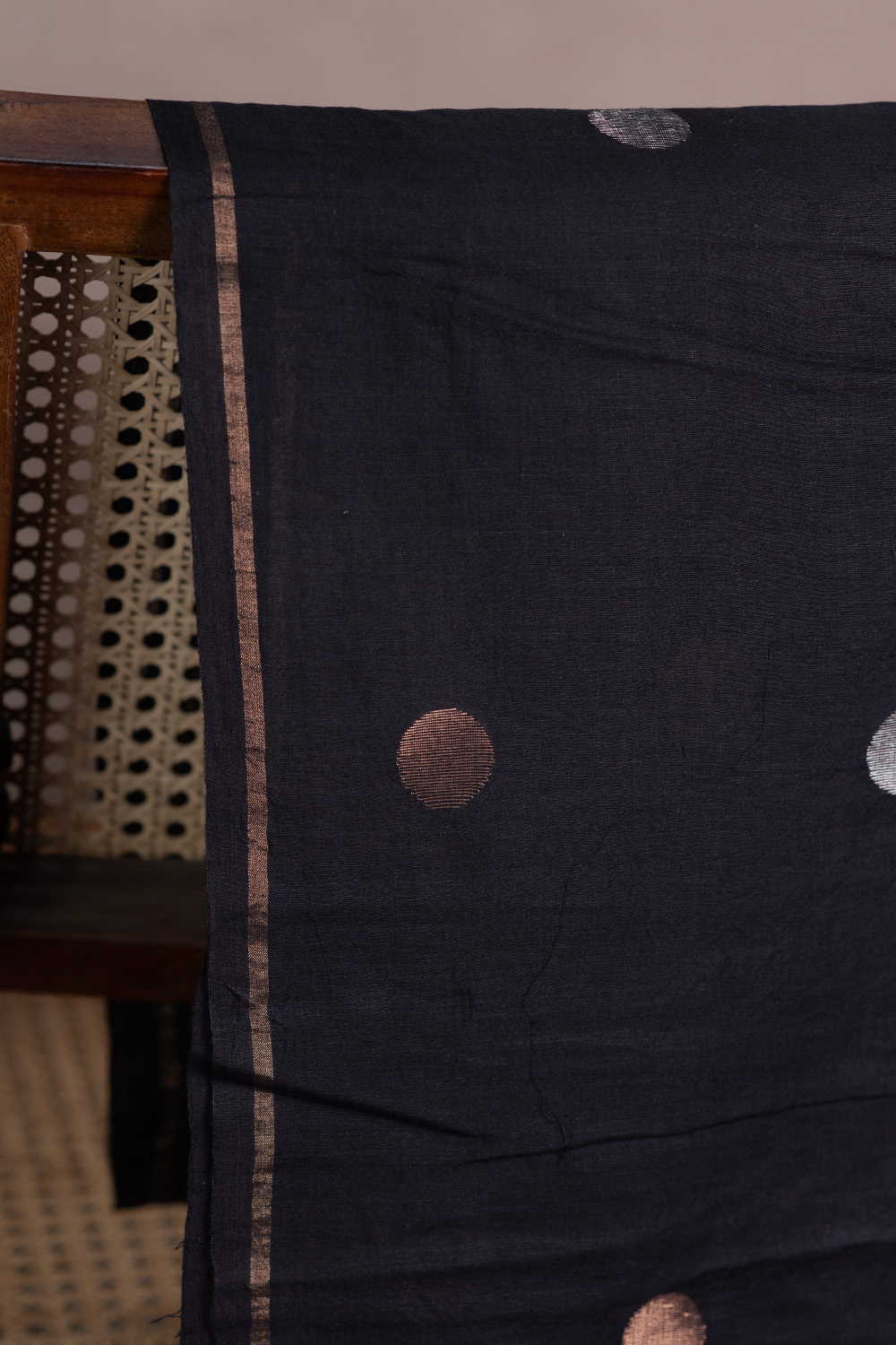 Gold & Silver Polka - Black Jamdani Cotton Fabric - Image 2