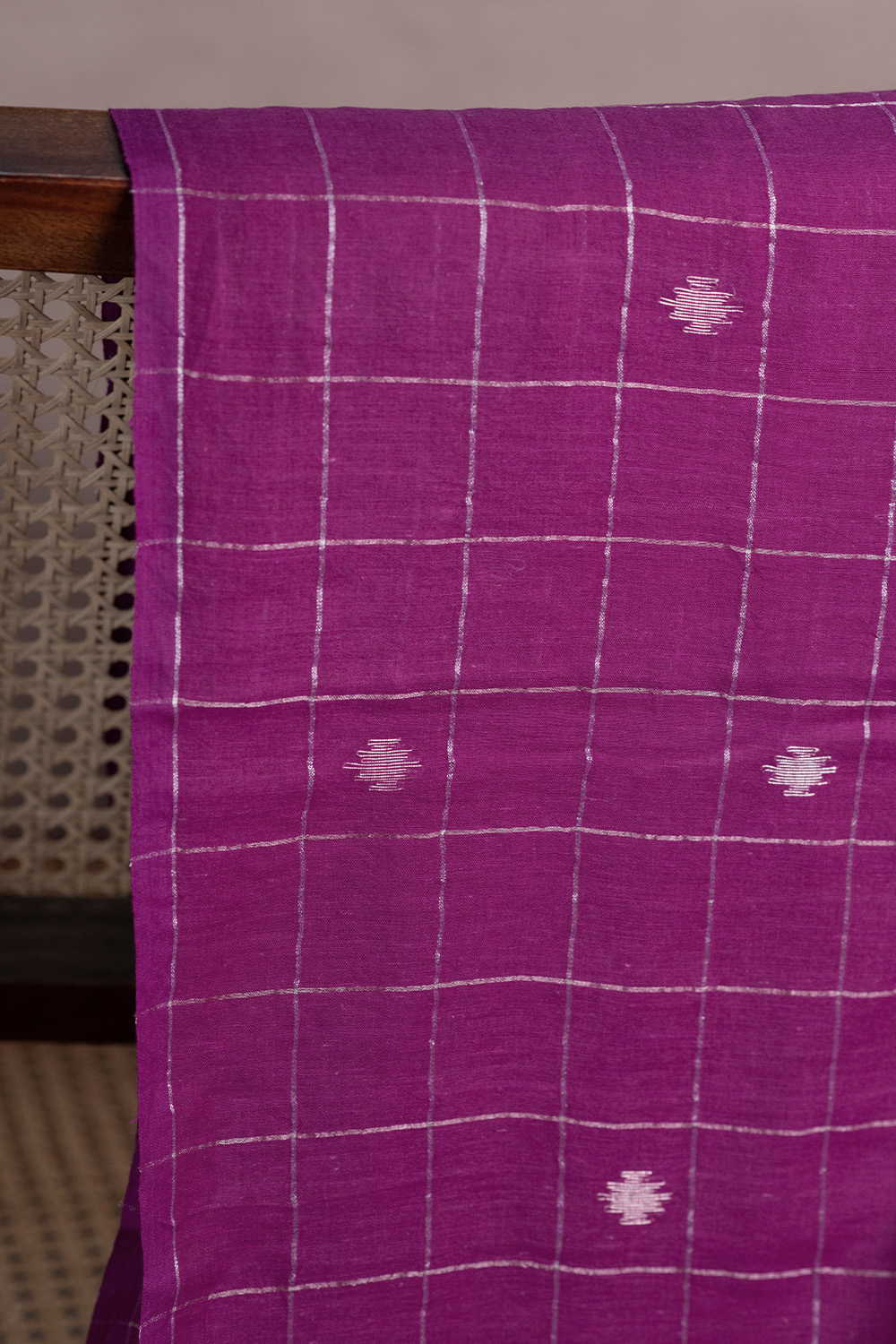 Checkered Pink Silver Butta Jamdani Cotton Fabric