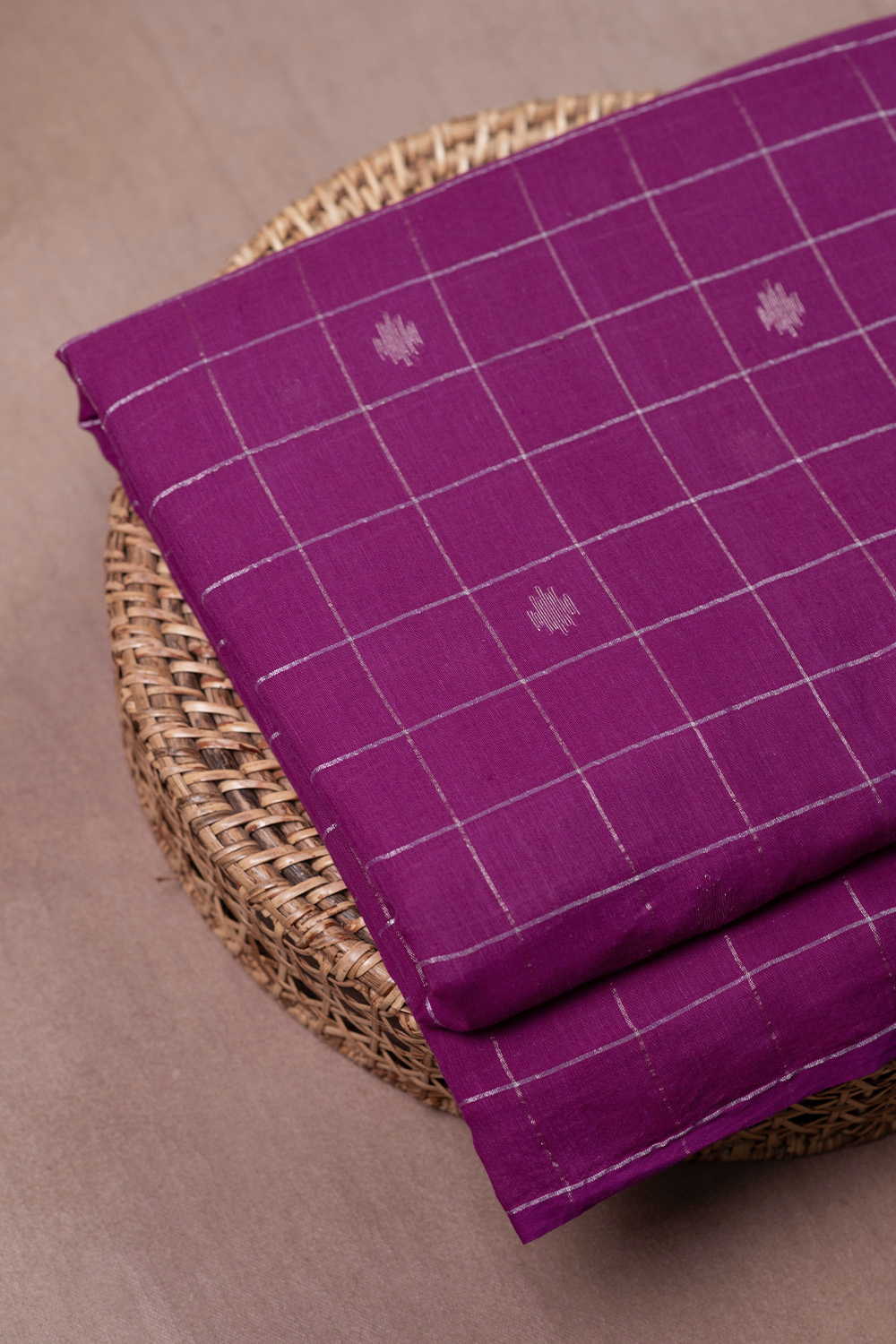 Checkered Pink Silver Butta Jamdani Cotton Fabric - Image 2