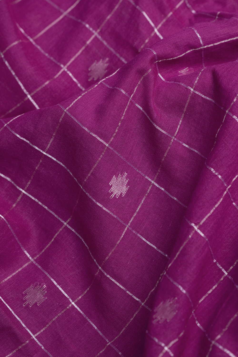 Checkered Pink Silver Butta Jamdani Cotton Fabric - Image 3