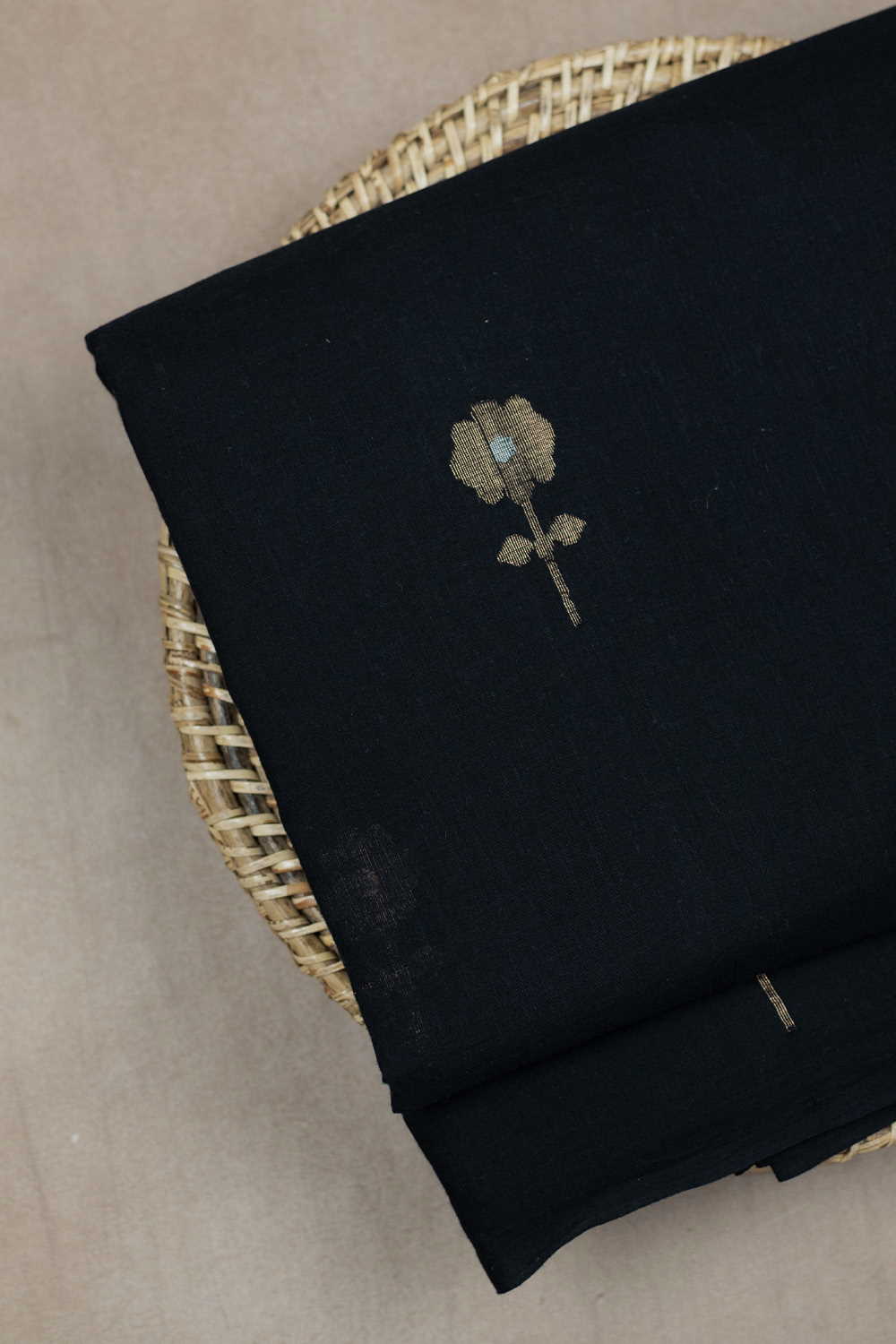 Zari Floral Butta on Black Jamdani Cotton Fabric - Image 2