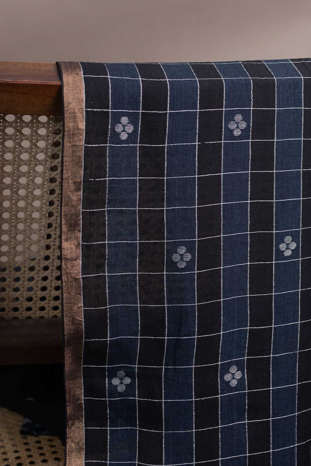 Black with Checks Jamdani Border Cotton Fabric