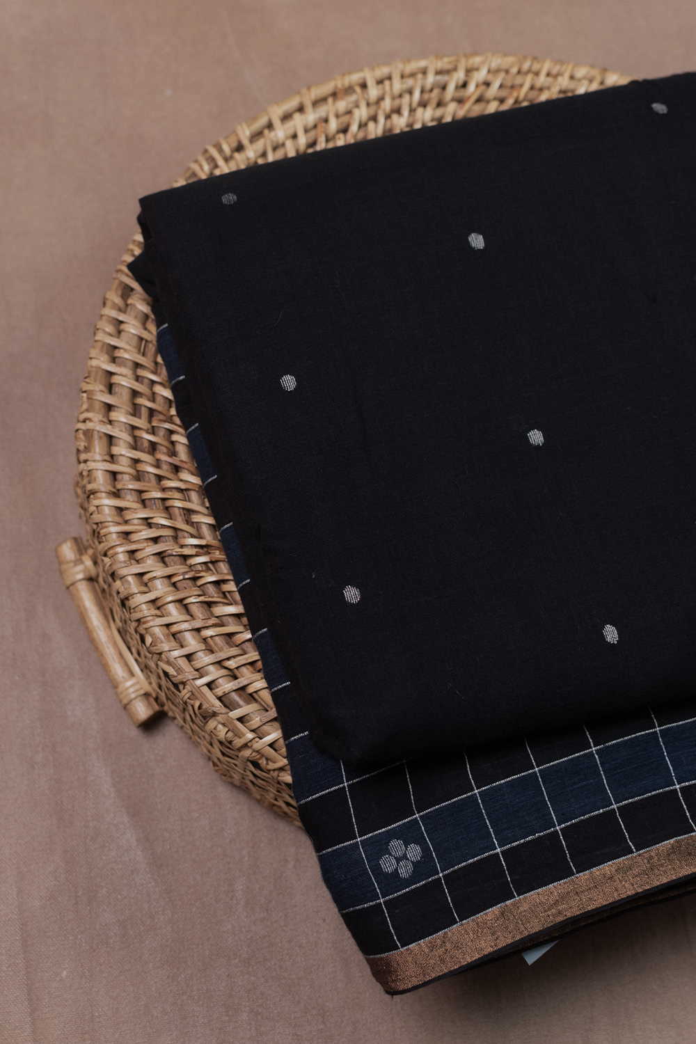Black with Checks Jamdani Border Cotton Fabric - Image 2