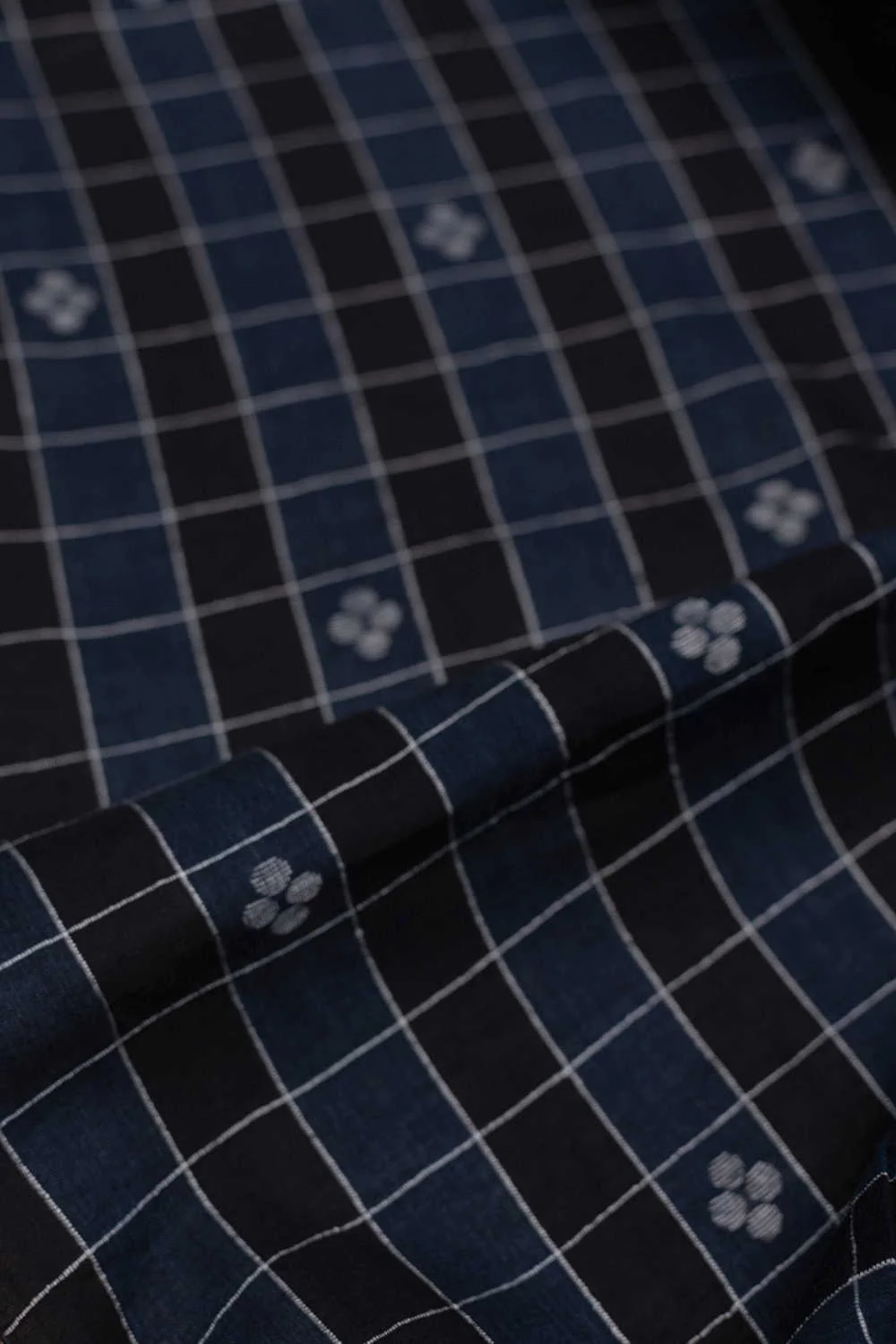 Black with Checks Jamdani Border Cotton Fabric - Image 3