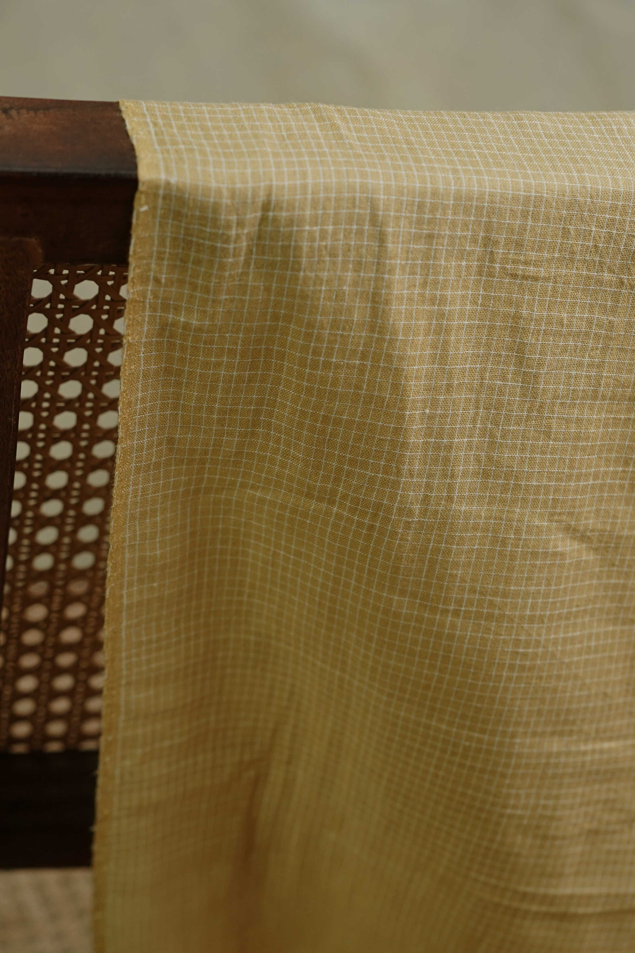 Checkered Yellow Handwoven Cotton Fabric - Image 2