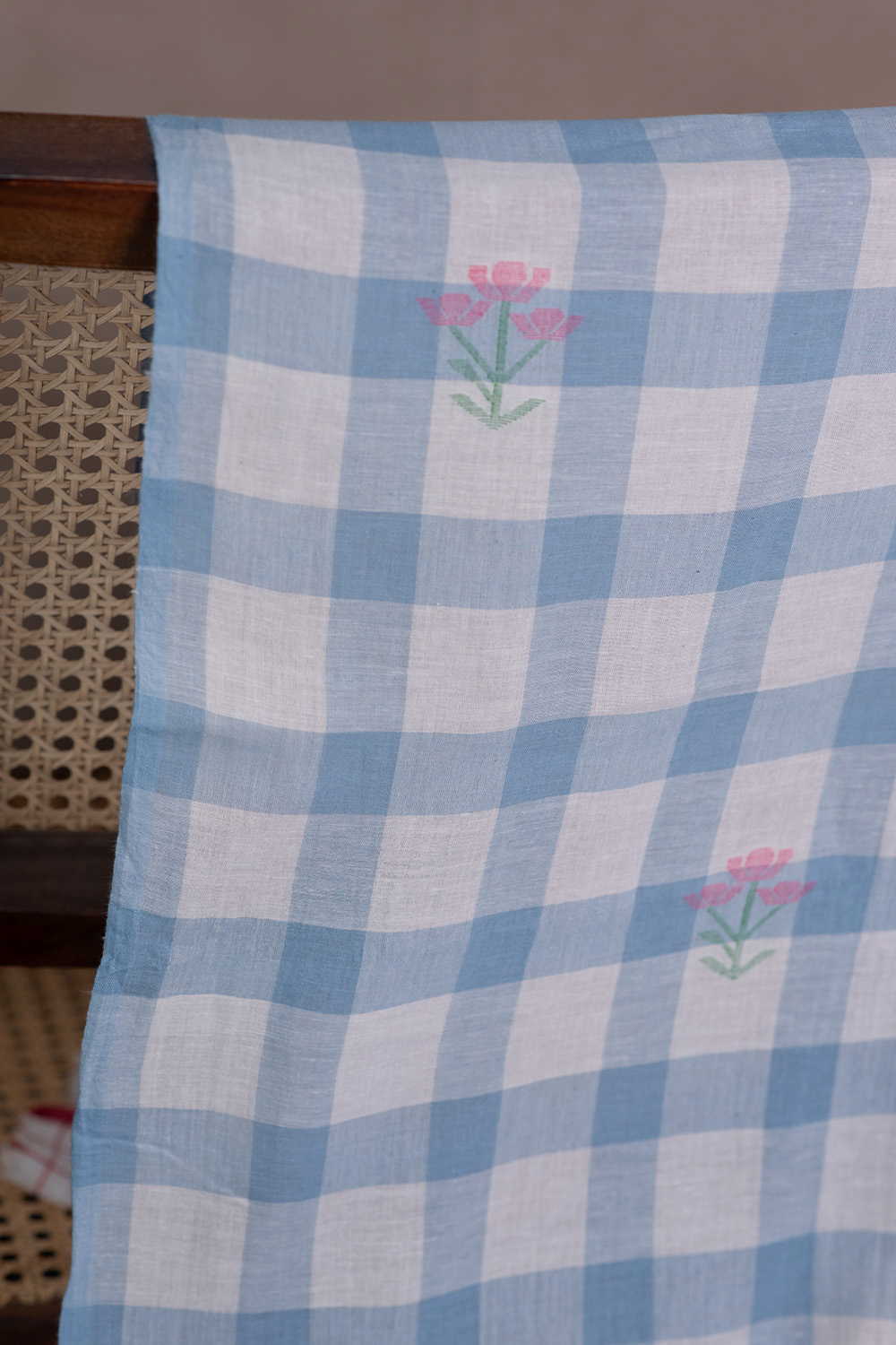 Powder Blue Bloom Checks Jamdani Cotton Fabric - Image 2