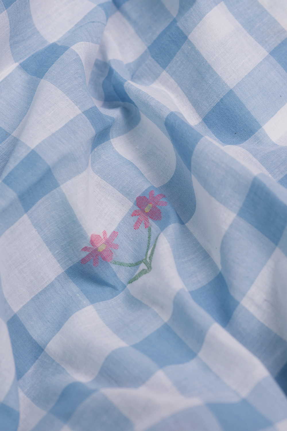 Powder Blue Bloom Checks Jamdani Cotton Fabric - Image 3