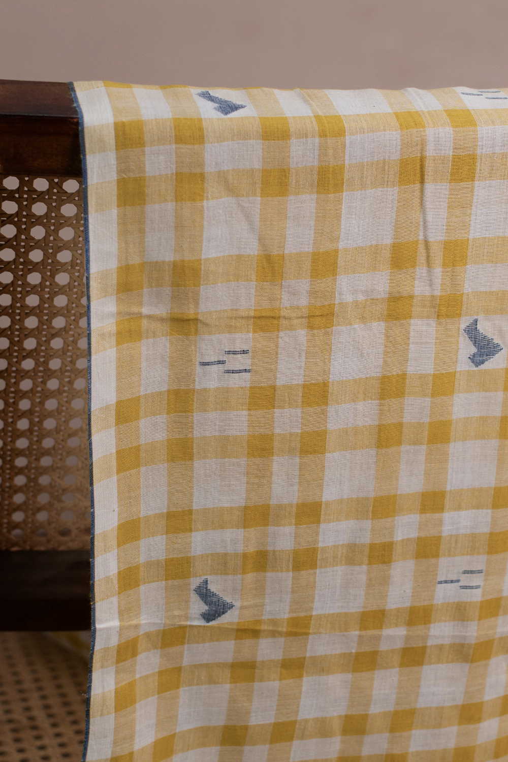 Yellow with Cream Checks Jamdani Cotton Fabric - Image 2