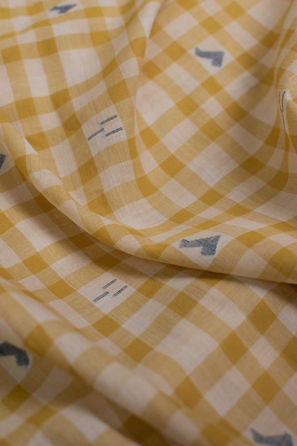 Yellow with Cream Checks Jamdani Cotton Fabric - Image 3
