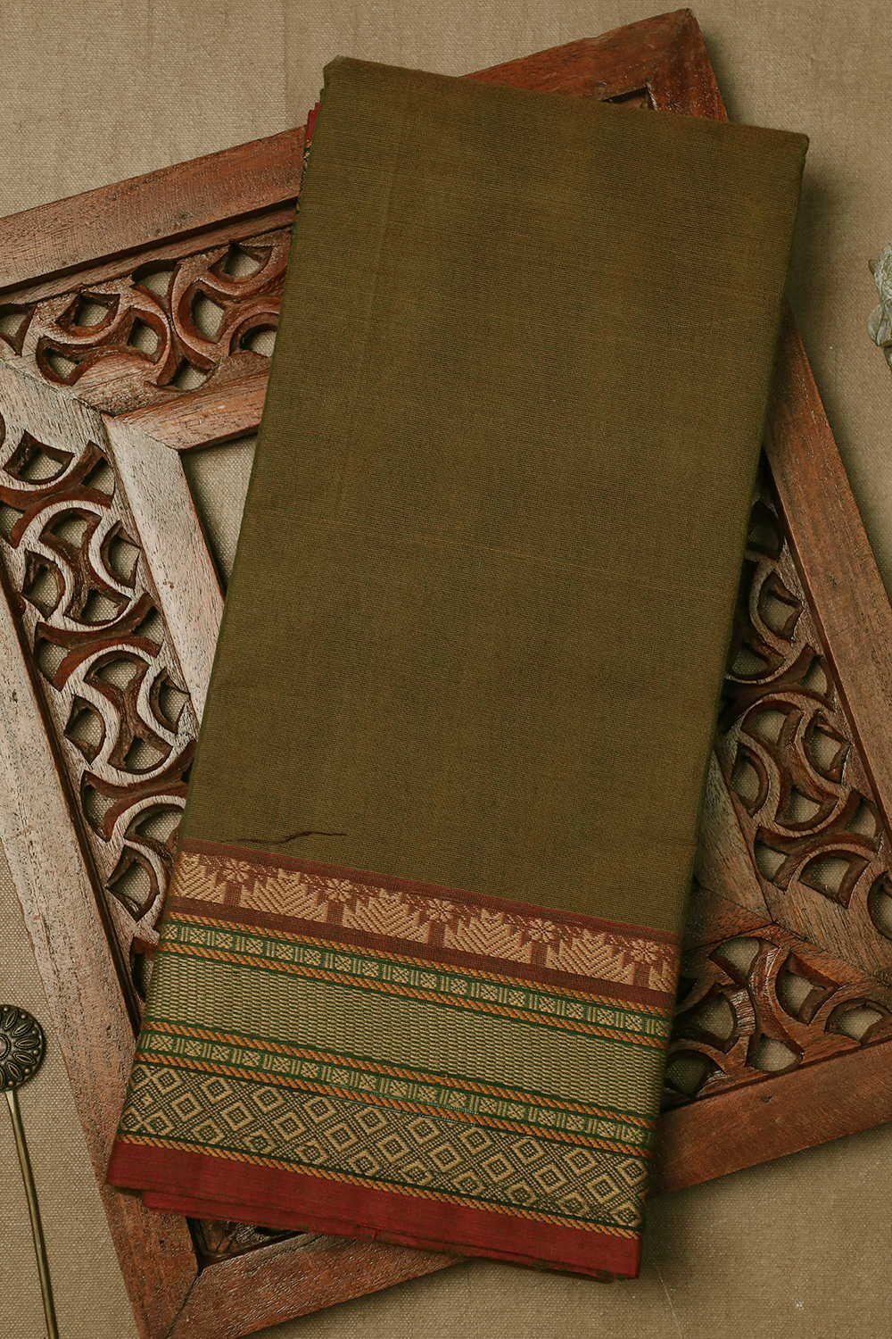 Olive Green With Tempke Border Kanchipuram Cotton saree