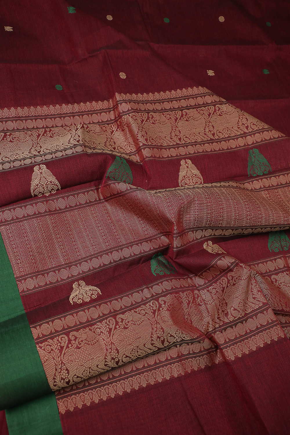 Maroon with Green Border Kanchipuram Cotton saree - Image 3