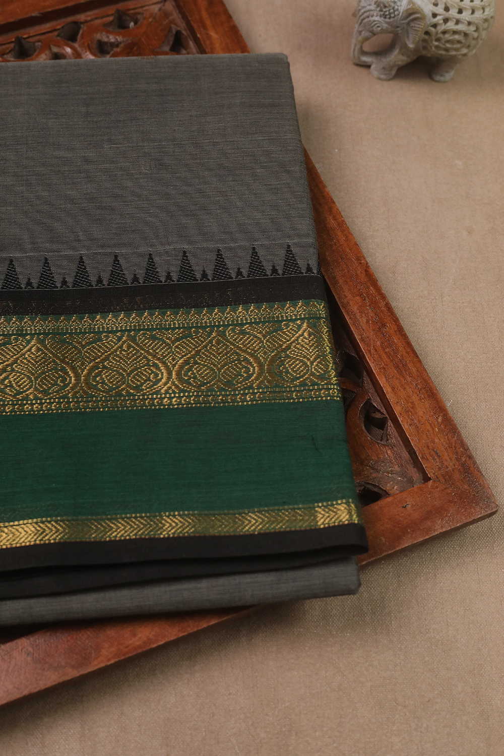 Grey with Green Border Kanchi Cotton Saree