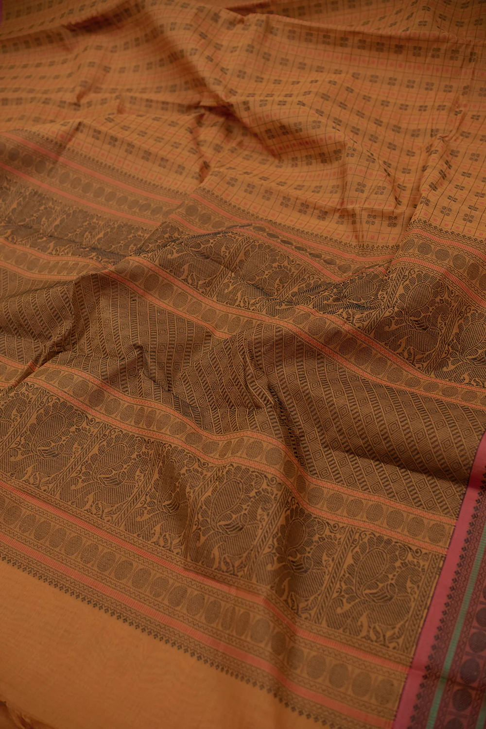 Tiger Orange with Checkered Kanchipuram Cotton saree - Image 3