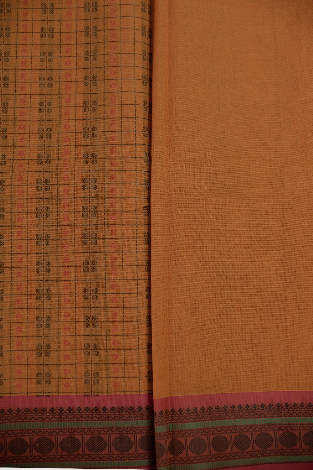 Tiger Orange with Checkered Kanchipuram Cotton saree - Image 4
