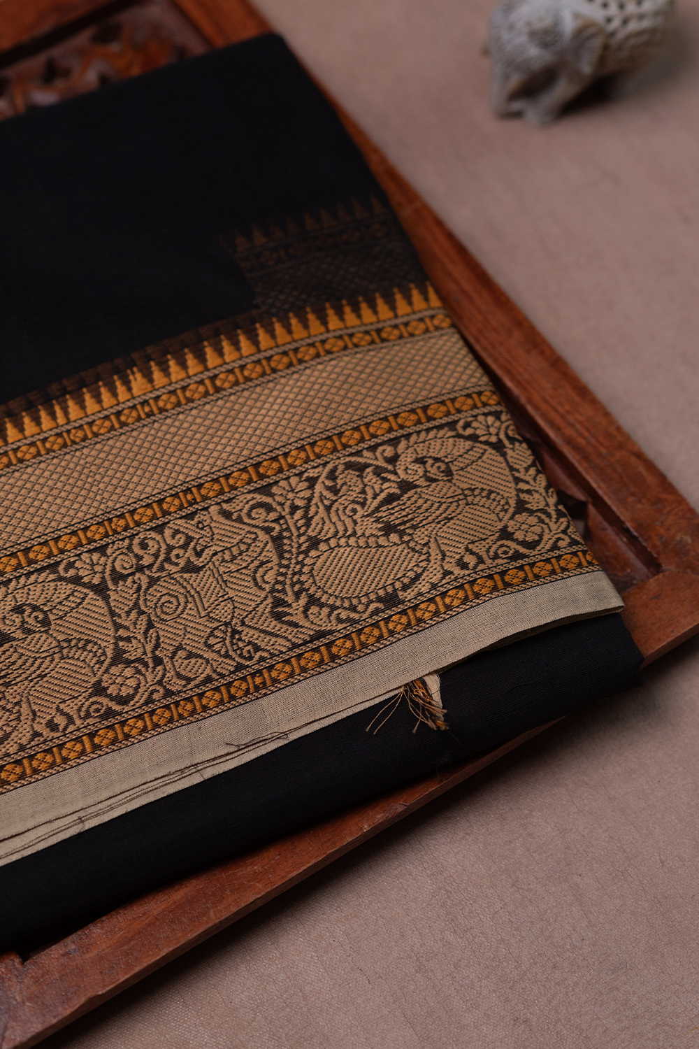 Peacock Border - Black Kanchipuram Cotton saree