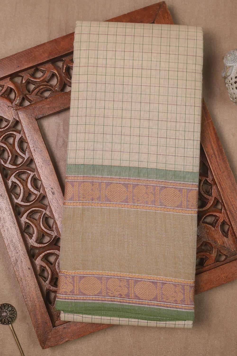 Cream - Grid Pattern Kanchipuram Cotton saree