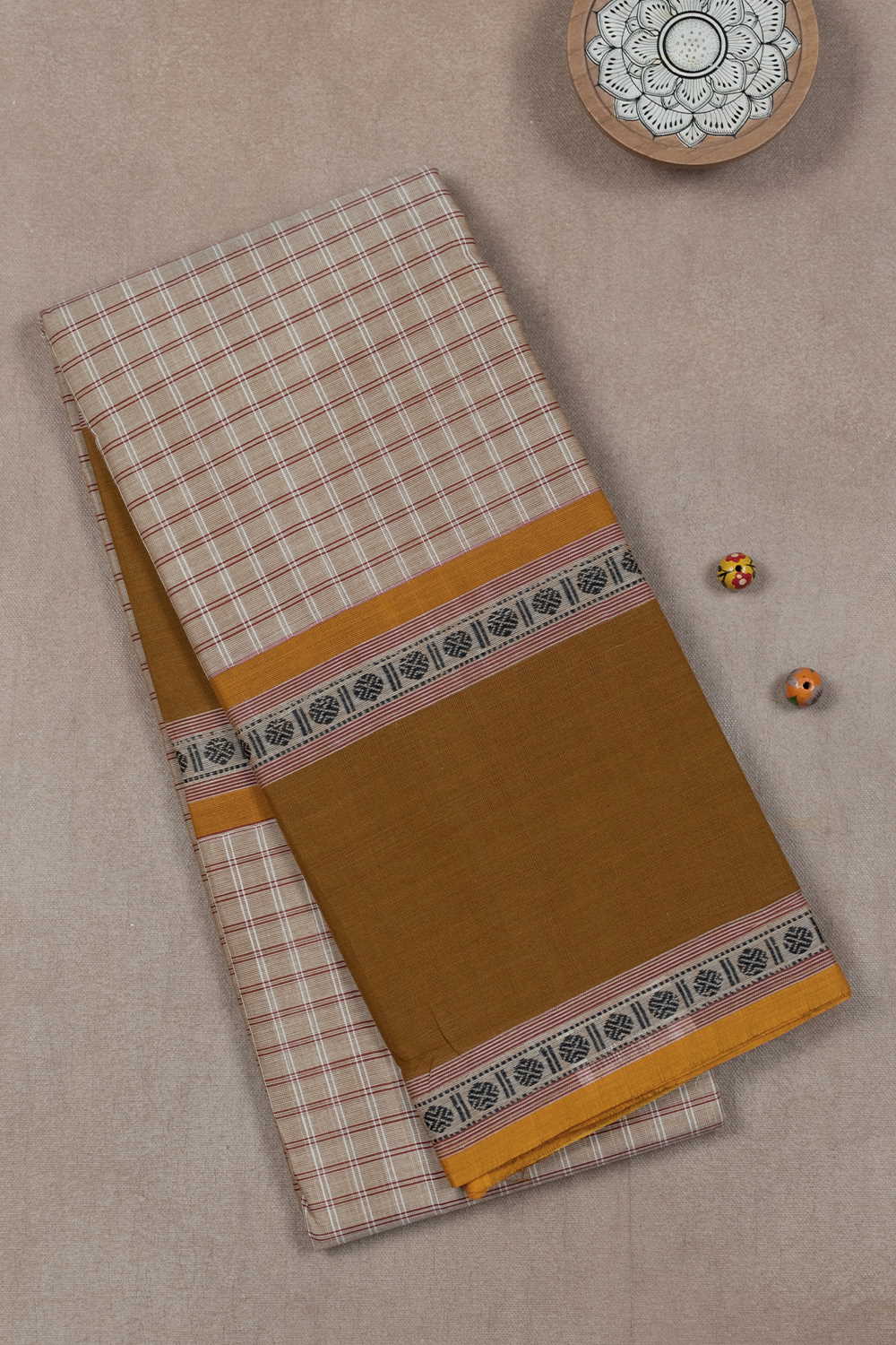 Checks on Beige Kanchipuram Cotton saree