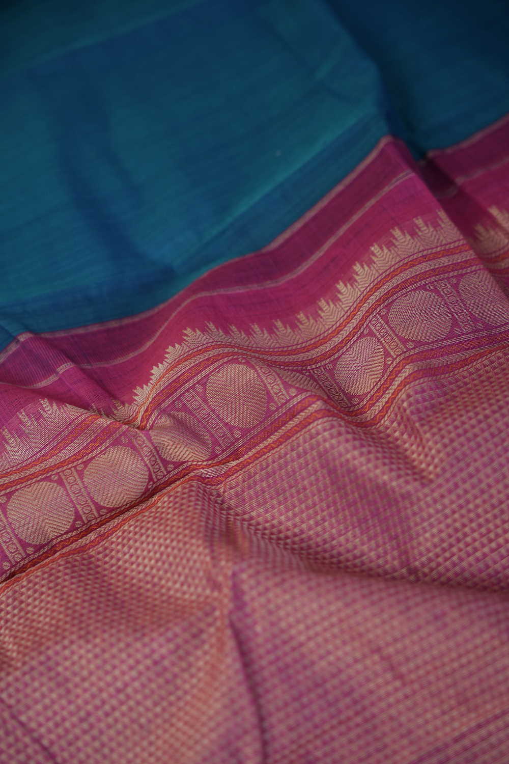 Dual Shaded Blue Korvai Border Kanchipuram Cotton saree - Image 3