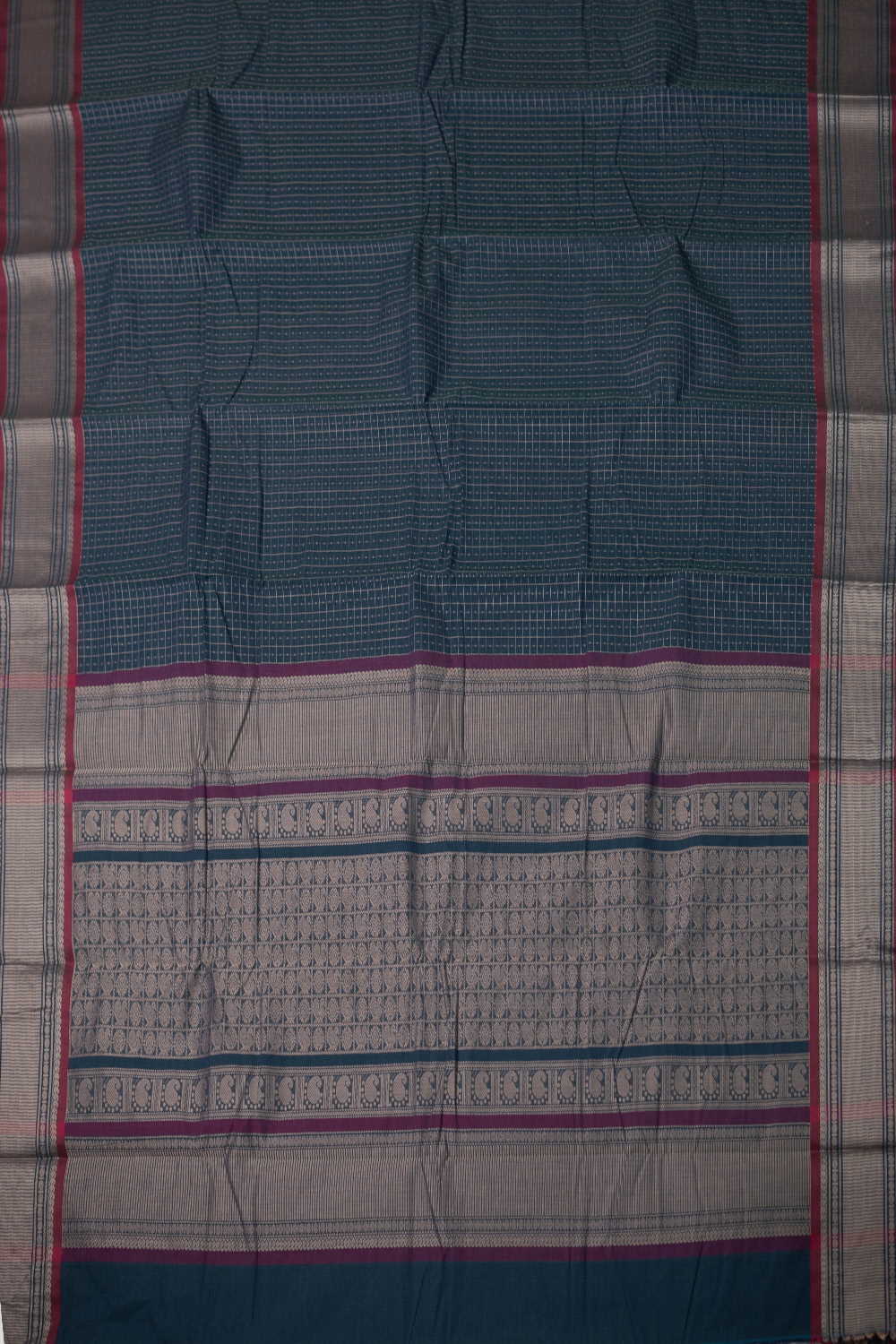 Checkered on Blue Kanchipuram Cotton saree - Image 2