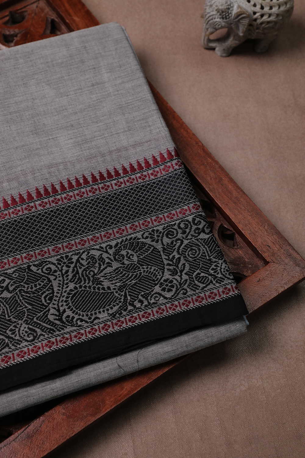Light Grey with Peacock Border Kanchipuram Cotton saree