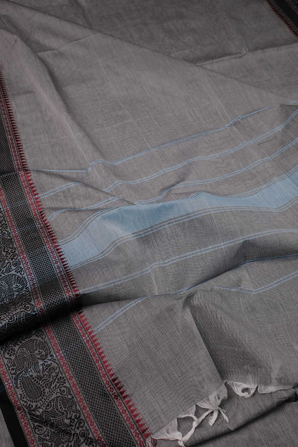 Light Grey with Peacock Border Kanchipuram Cotton saree - Image 3
