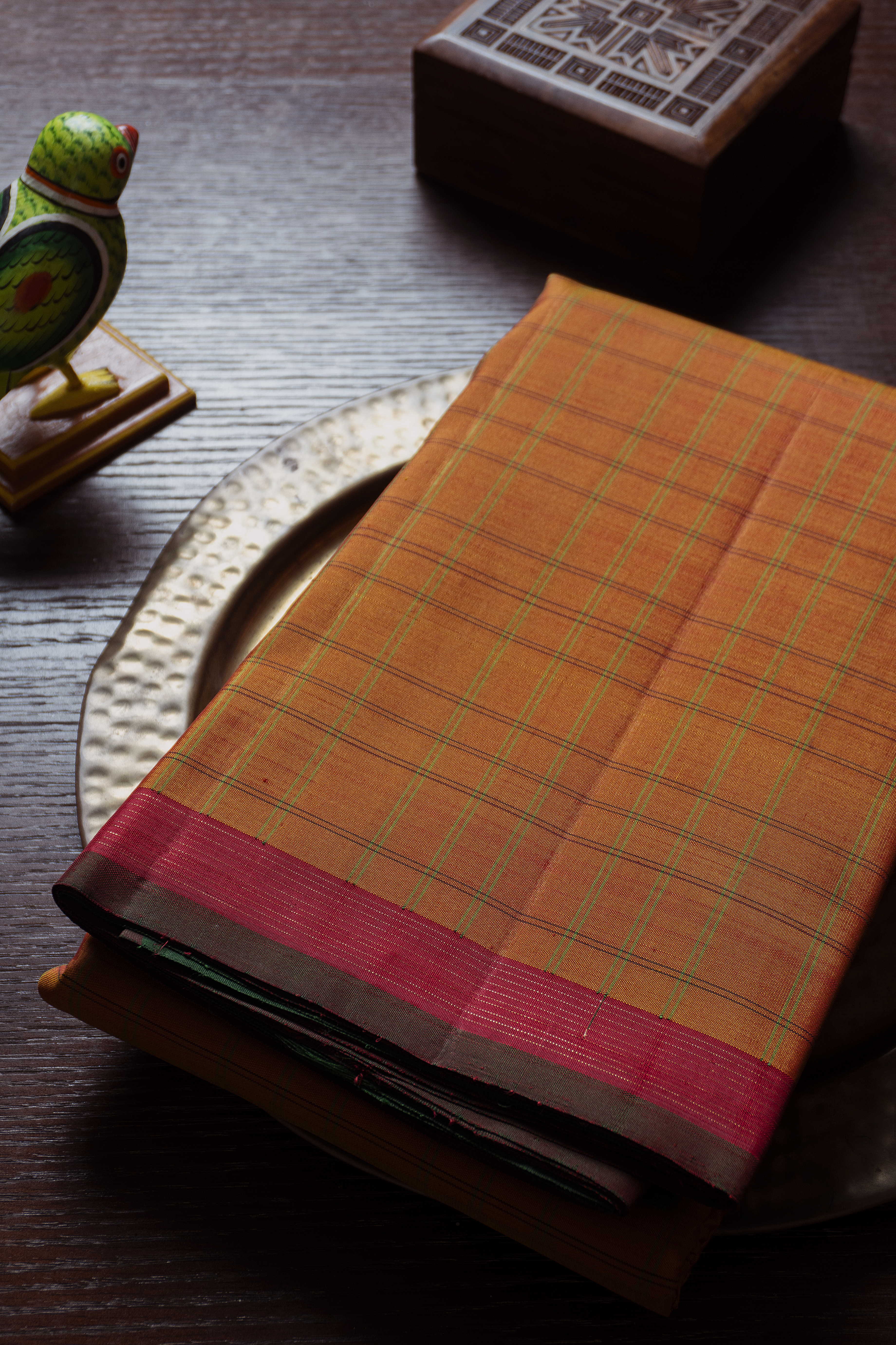 Checks on Orange Kanchipuram Silk Saree