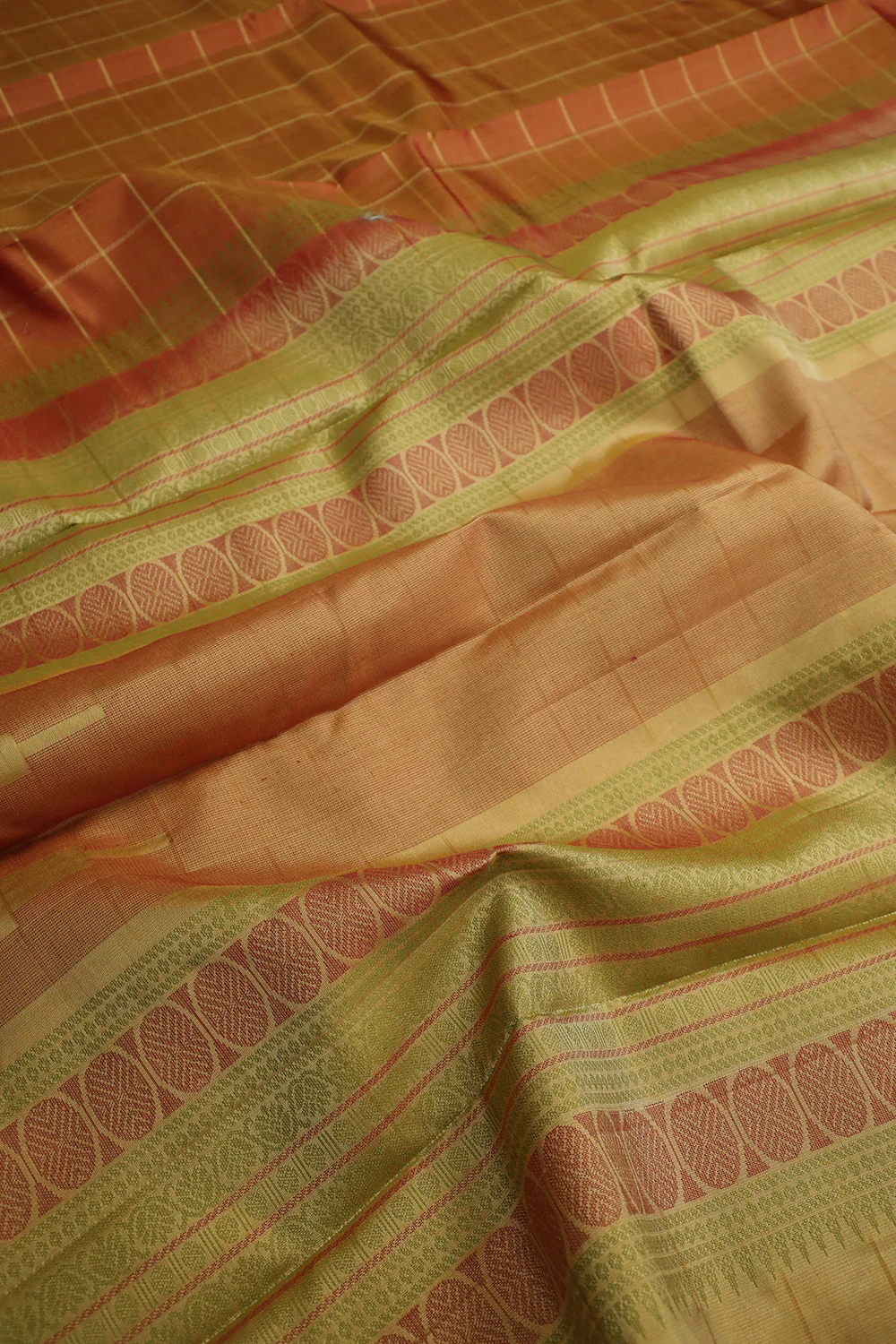 Checkered on Orange Kanchipuram Silk saree - Image 3
