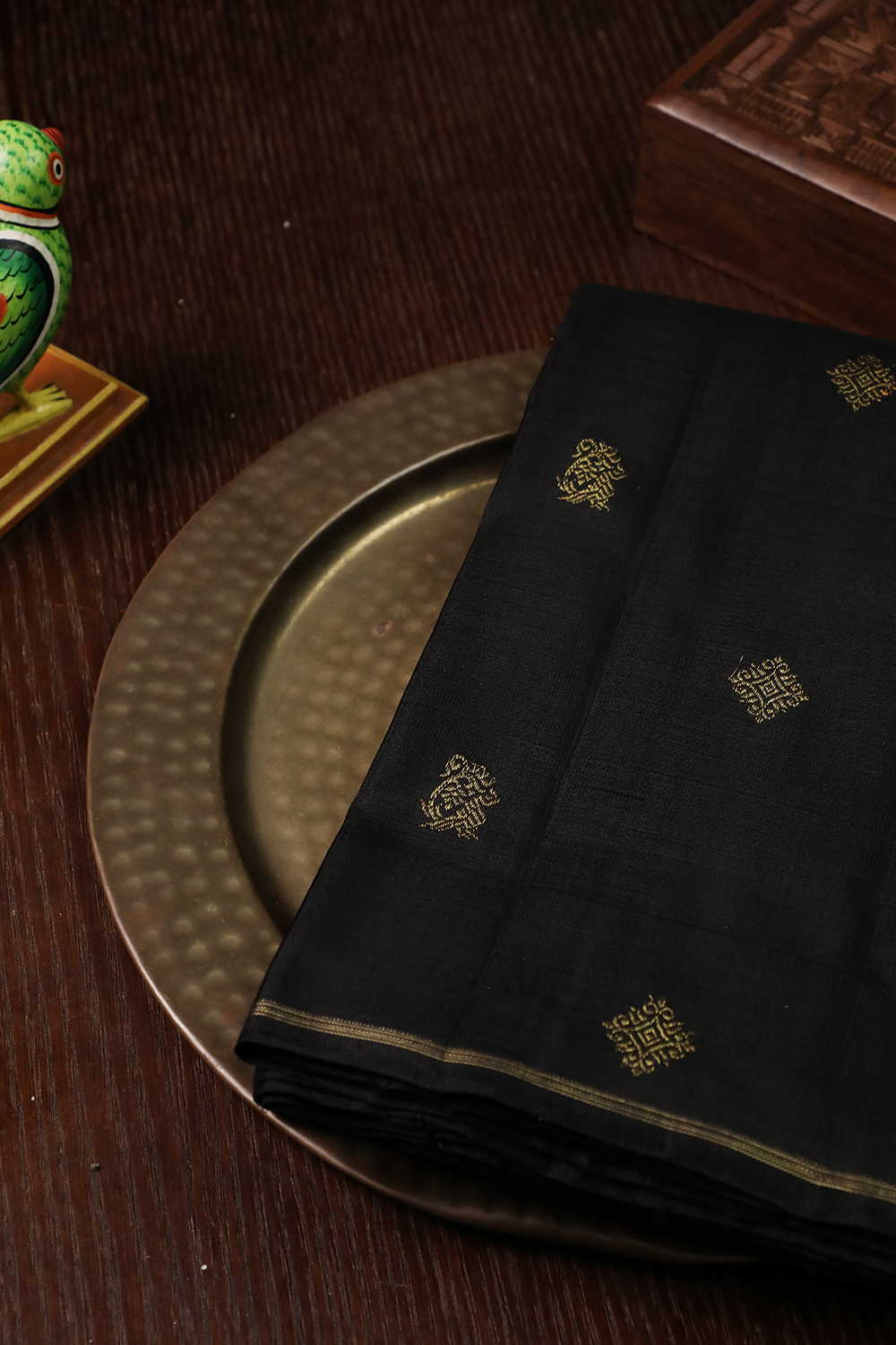 Zari Motifs on Pitch Black Kanchipuram Silk saree