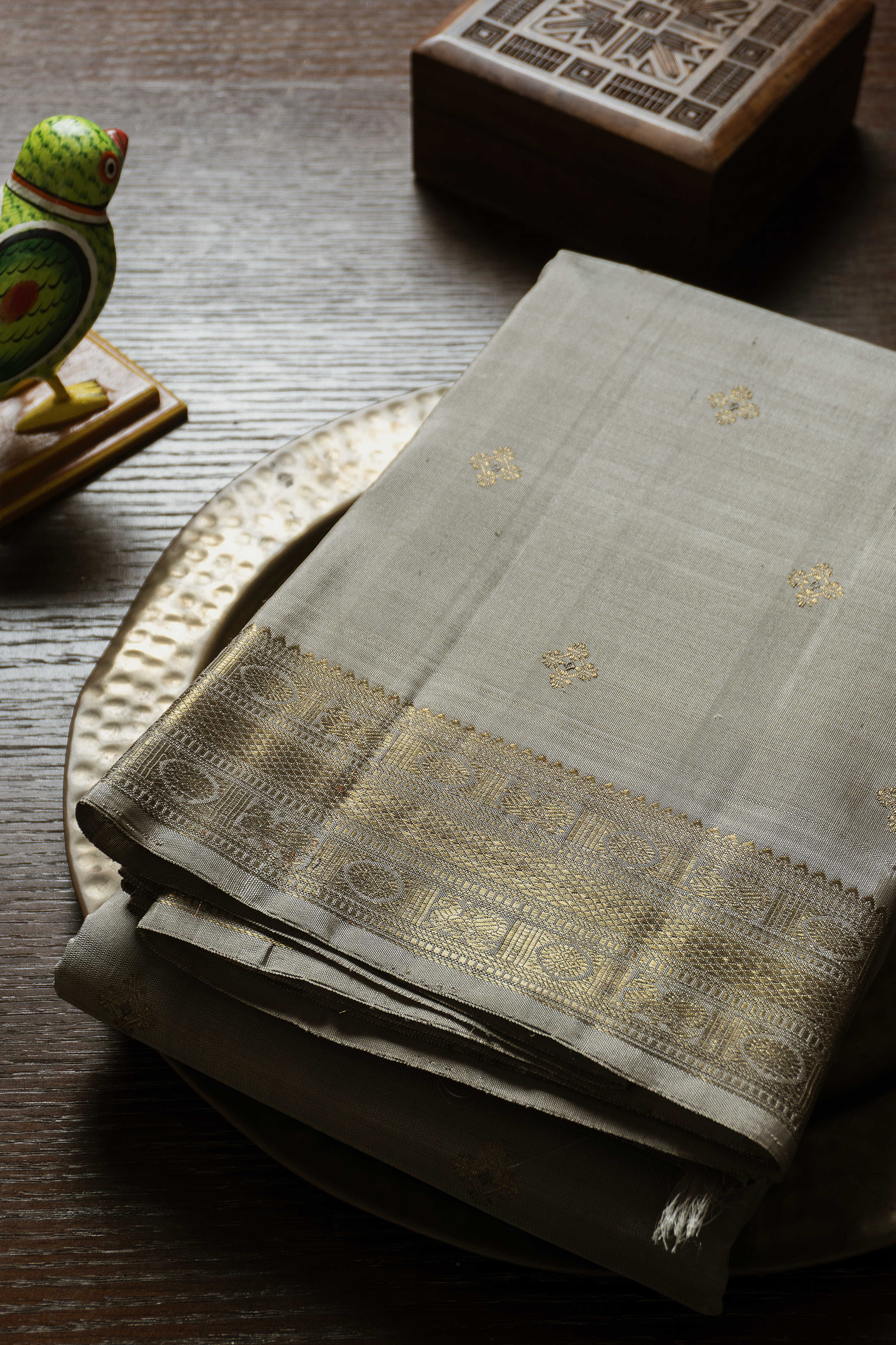 Zari Meena Butta on Grey Kanchipuram Silk saree