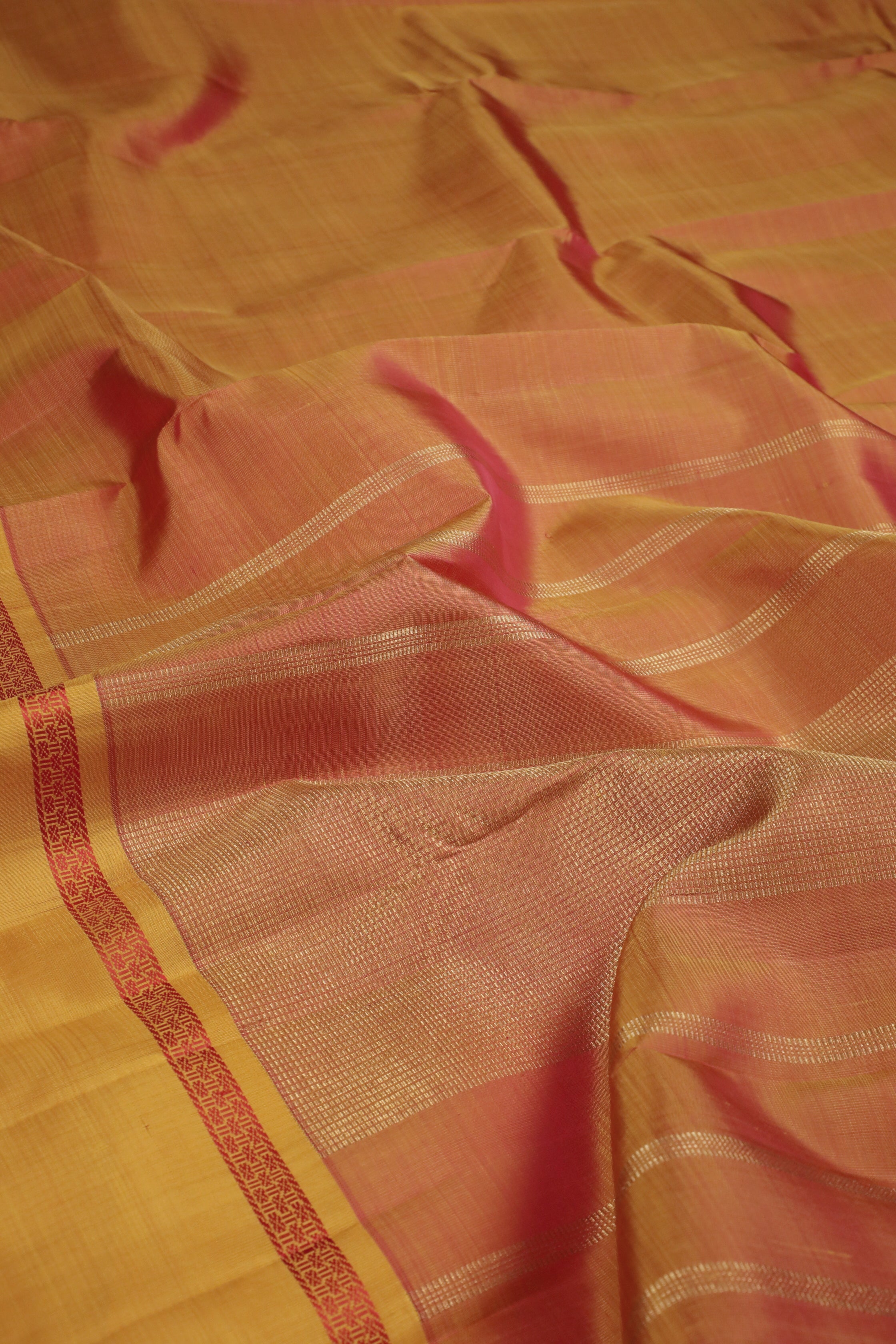 Double Shade Orange with Yellow Border Kanchipuram Silk Saree - Image 3
