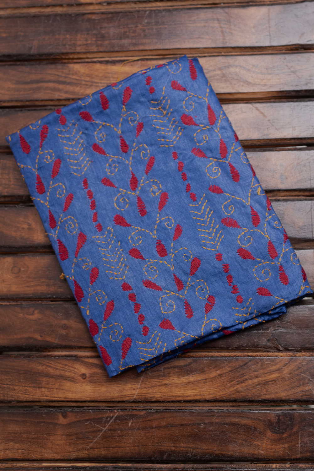 Maroon Floral on Blue Kantha Silk Blouse