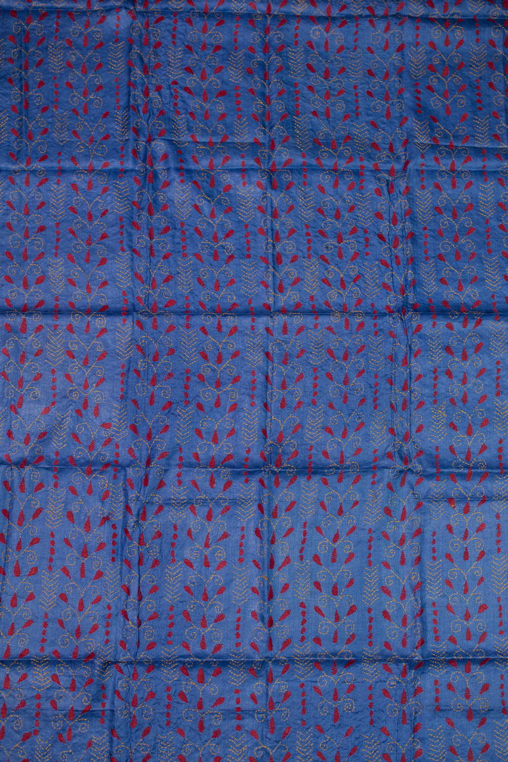 Maroon Floral on Blue Kantha Silk Blouse - Image 2