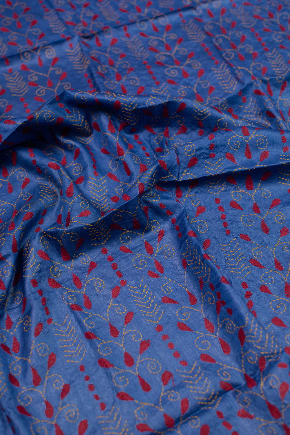 Maroon Floral on Blue Kantha Silk Blouse - Image 3