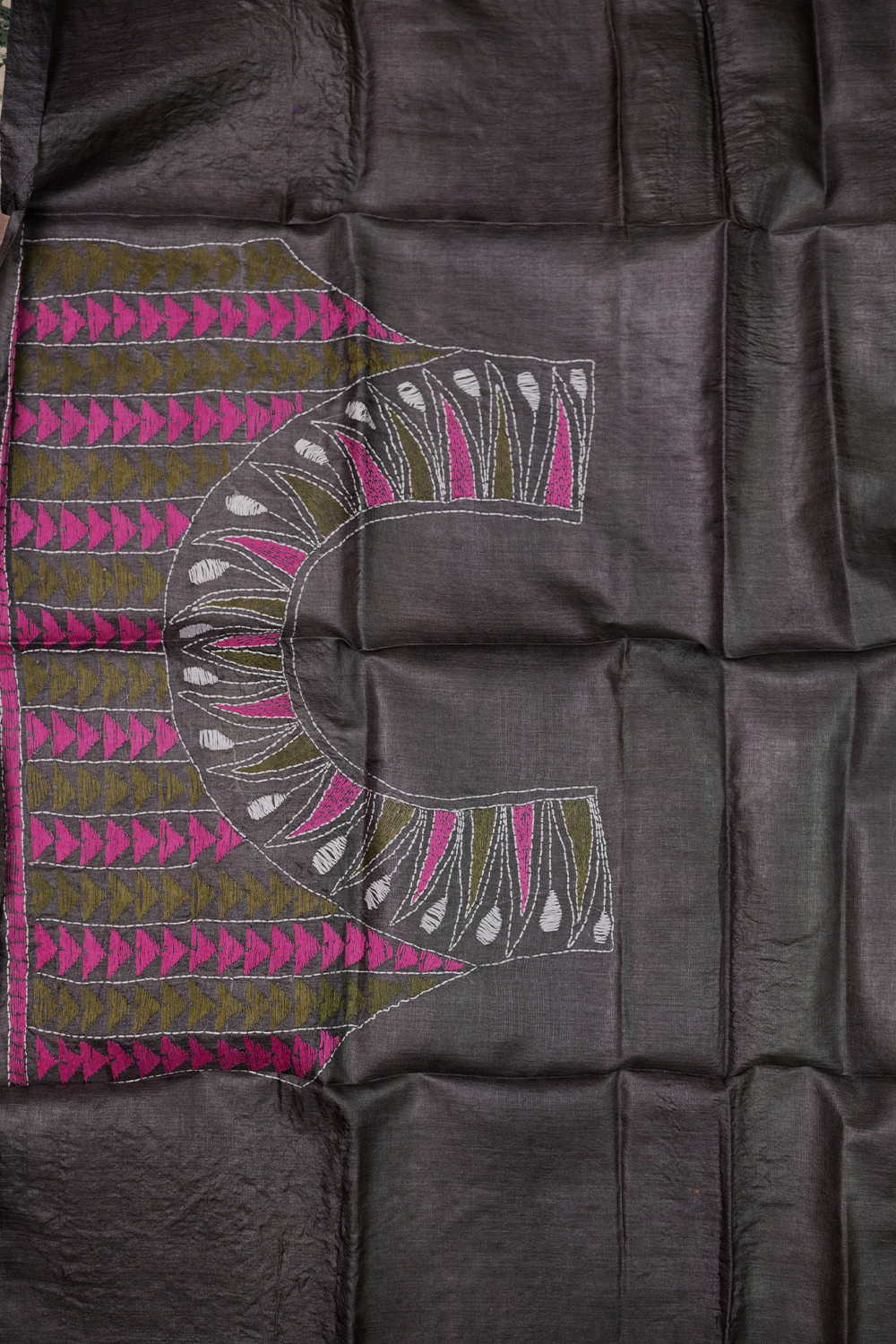 Dark Grey Kantha Silk Blouse - Image 4