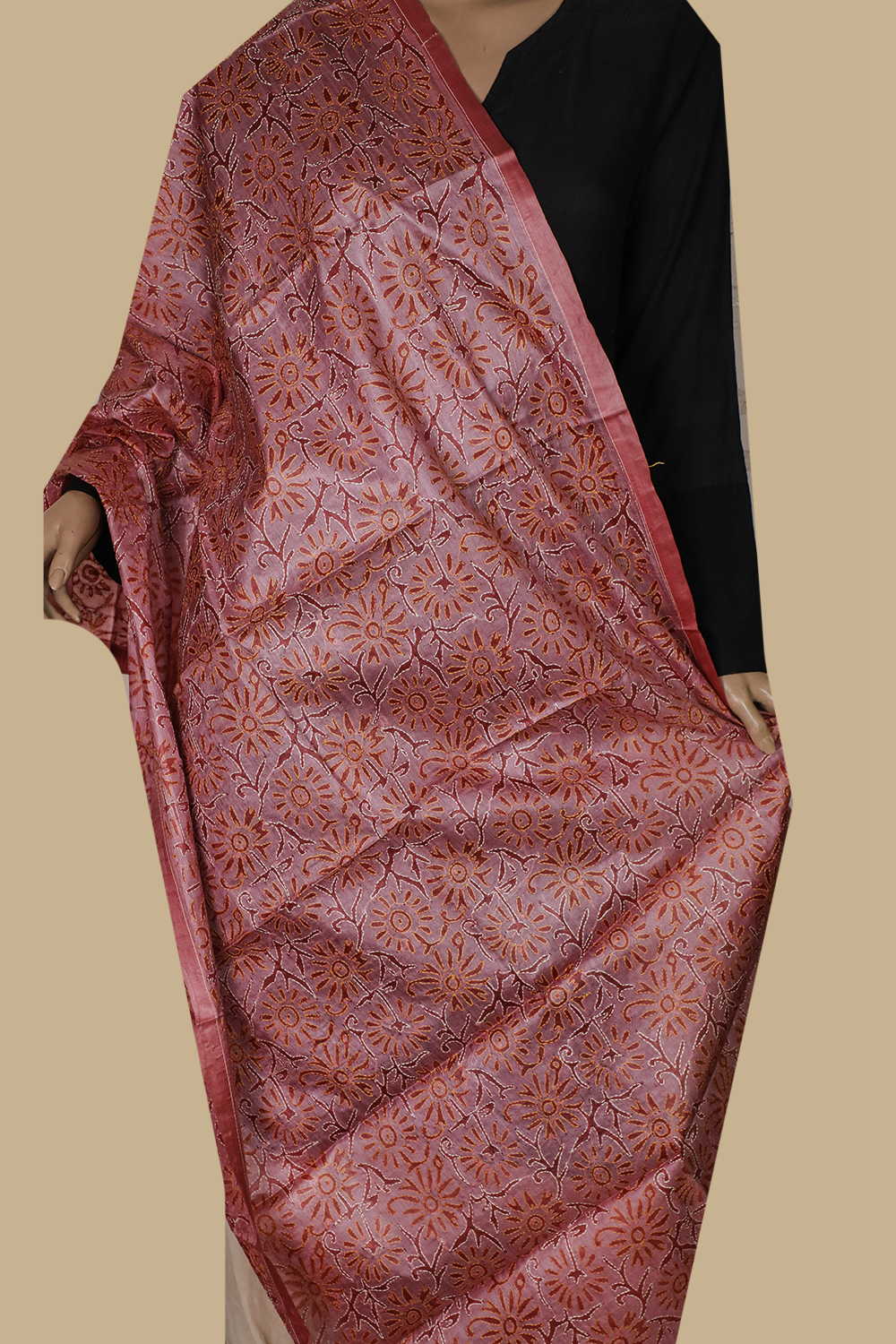 Salmon Pink Kantha Silk Dupatta