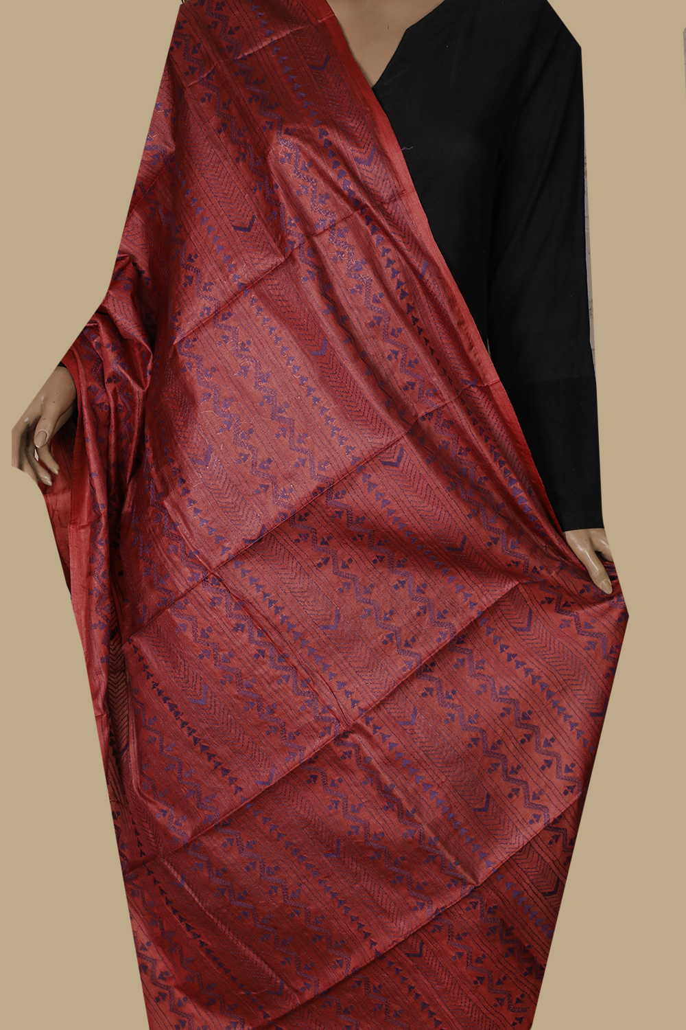 Burnt Maroon Kantha Silk Dupatta