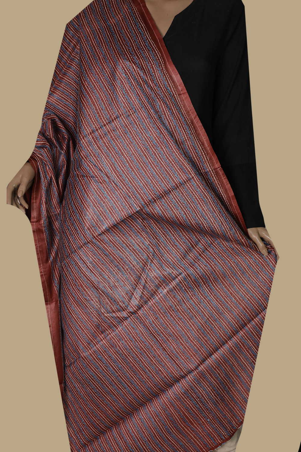 Vertical Veins Maroon Kantha Silk Dupatta