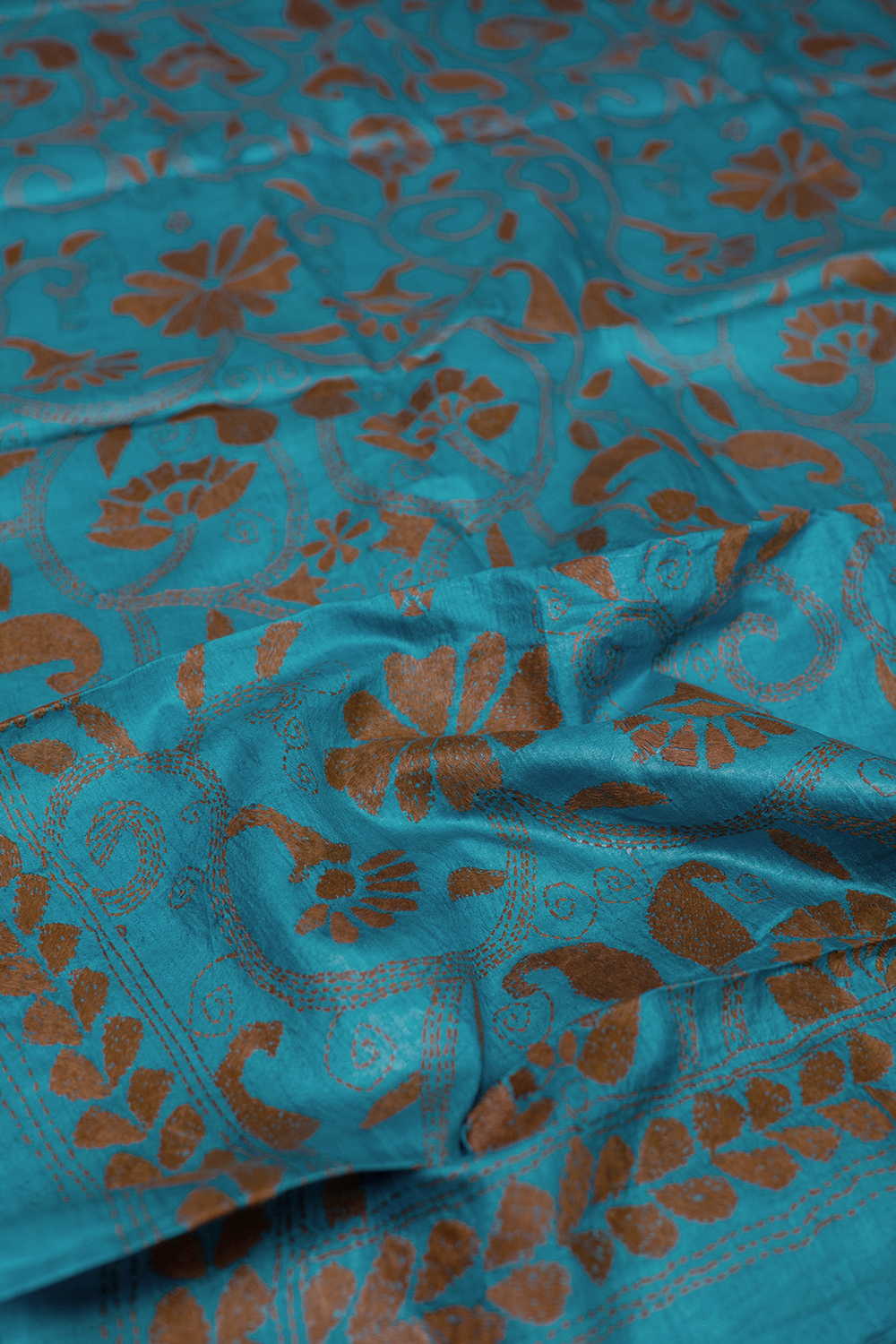 Floral on Blue Kantha Silk Dupatta - Image 3